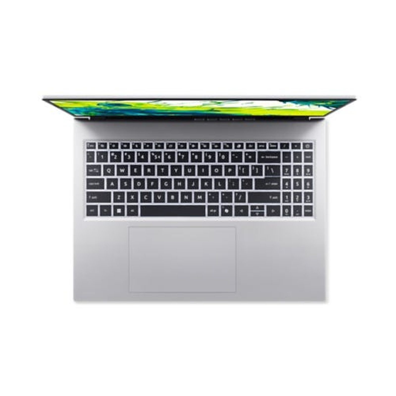 Top-down-Ansicht eines silbernen Laptops mit schwarzer Tastatur und hellem Bildschirm vor weißem Hintergrund.