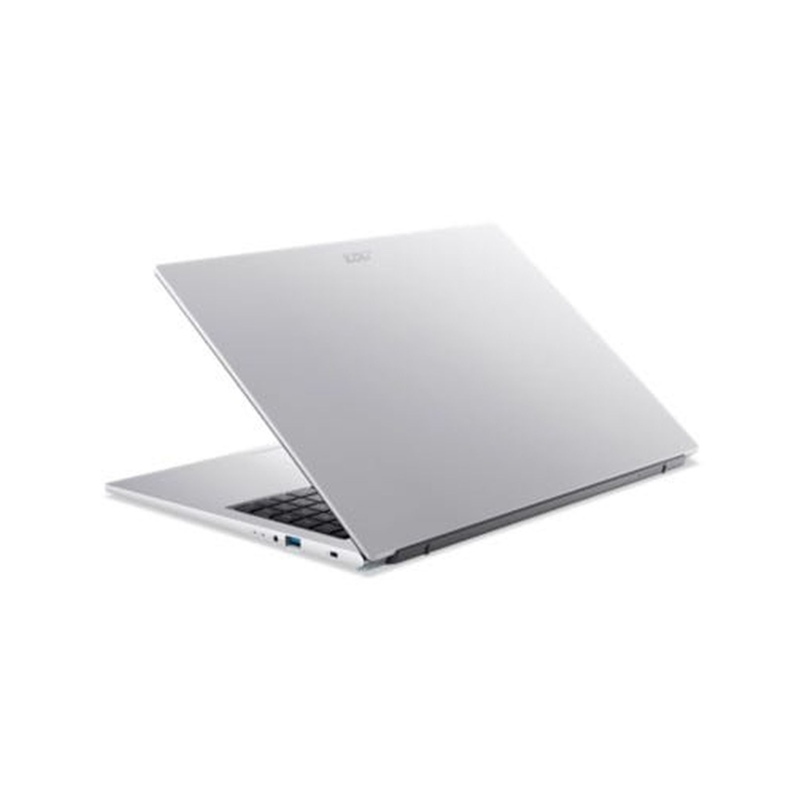 Ein silberner Laptop in Dreiviertelansicht zeigt die geschlossene Rückseite und die linke Seite mit Anschlüssen.