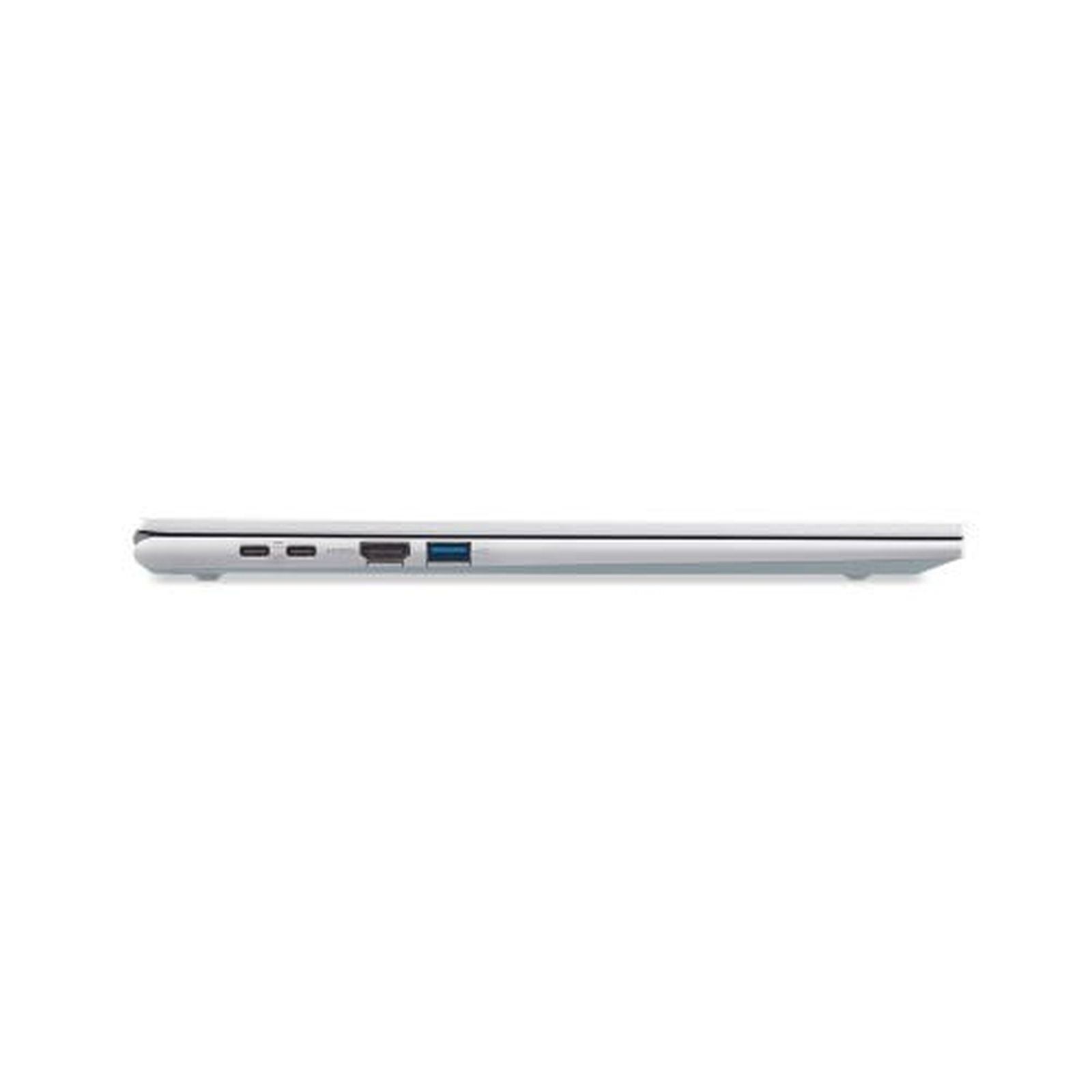 Seitenansicht eines dünnen silbernen Laptops mit USB-C-, HDMI- und USB-Anschlüssen vor weißem Hintergrund.