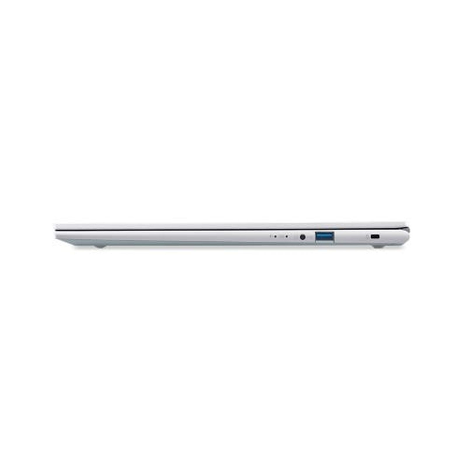 Seitenansicht eines geschlossenen weißen Laptops mit Anschlüssen auf einer weißen Oberfläche.