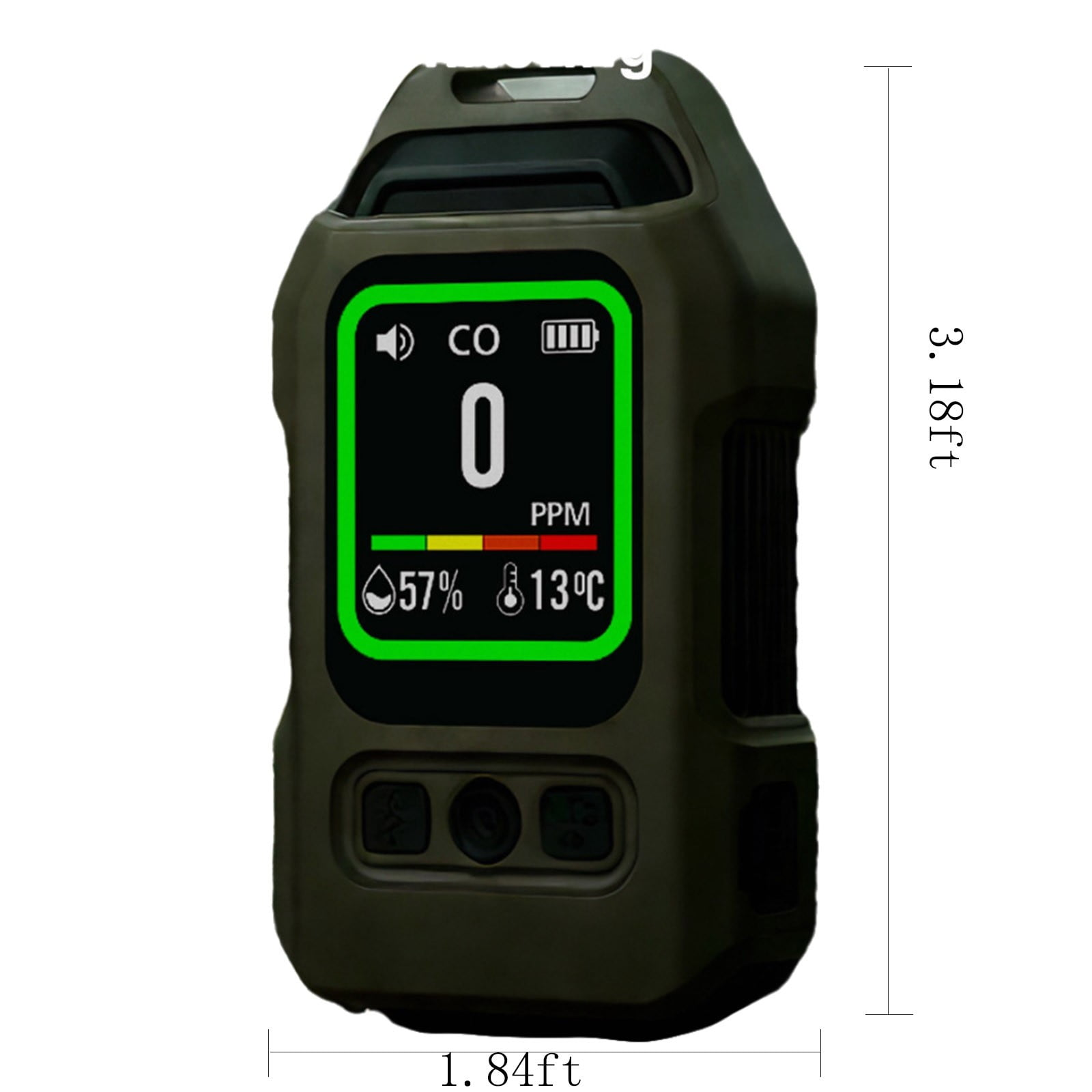 Grüner Kohlenmonoxidmelder mit digitalem Display, das 0 PPM, 57% Feuchtigkeit und 13°C anzeigt.