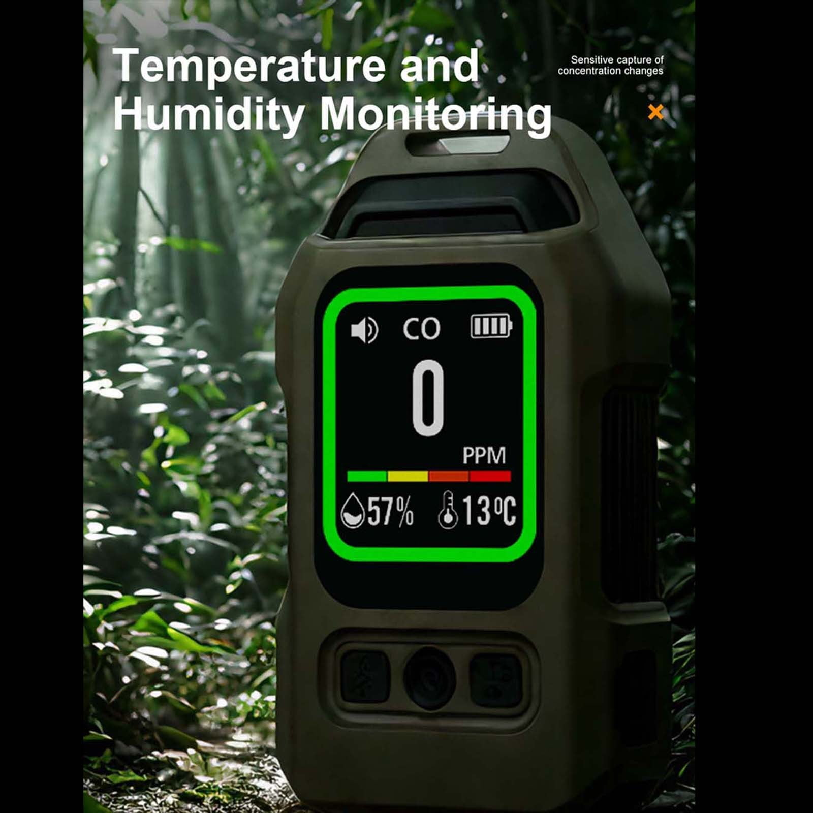Grünes CO2-Überwachungsgerät vor grünem Hintergrund mit Temperatur- und Feuchtigkeitsanzeige.