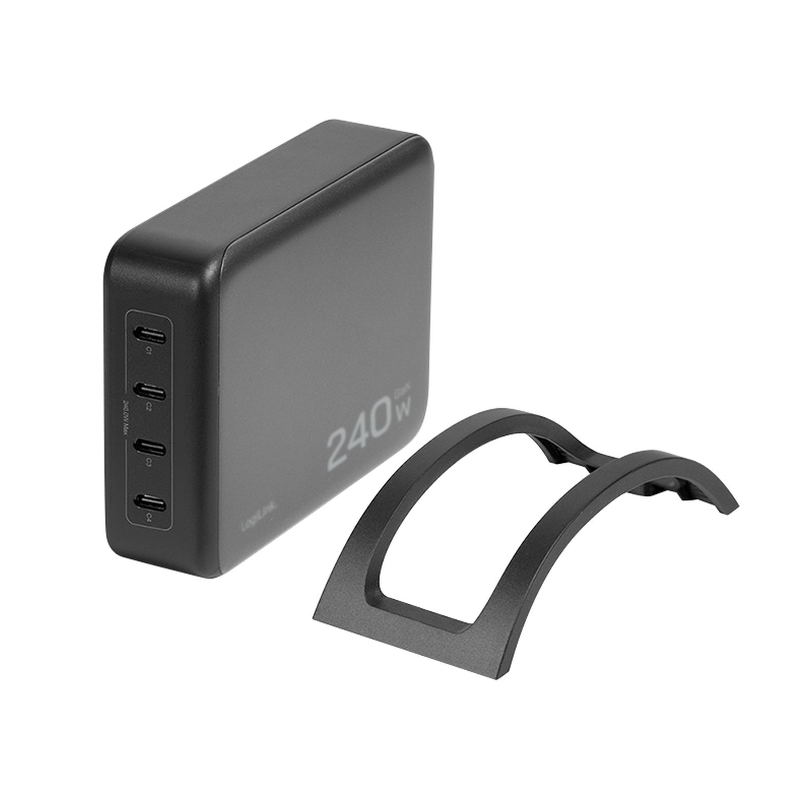 Ein schwarzes 240W USB-Ladegerät mit vier Anschlüssen neben einem gebogenen schwarzen Ständer auf weißem Hintergrund.