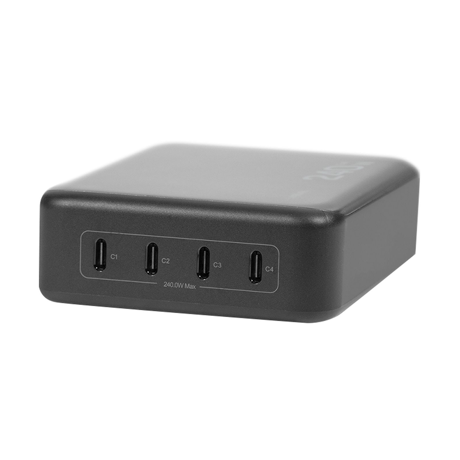 Schwarzes Ladegerät mit vier USB-C-Anschlüssen, beschriftet als C1 bis C4, und der Aufschrift 240.0W Max auf weißem Grund.
