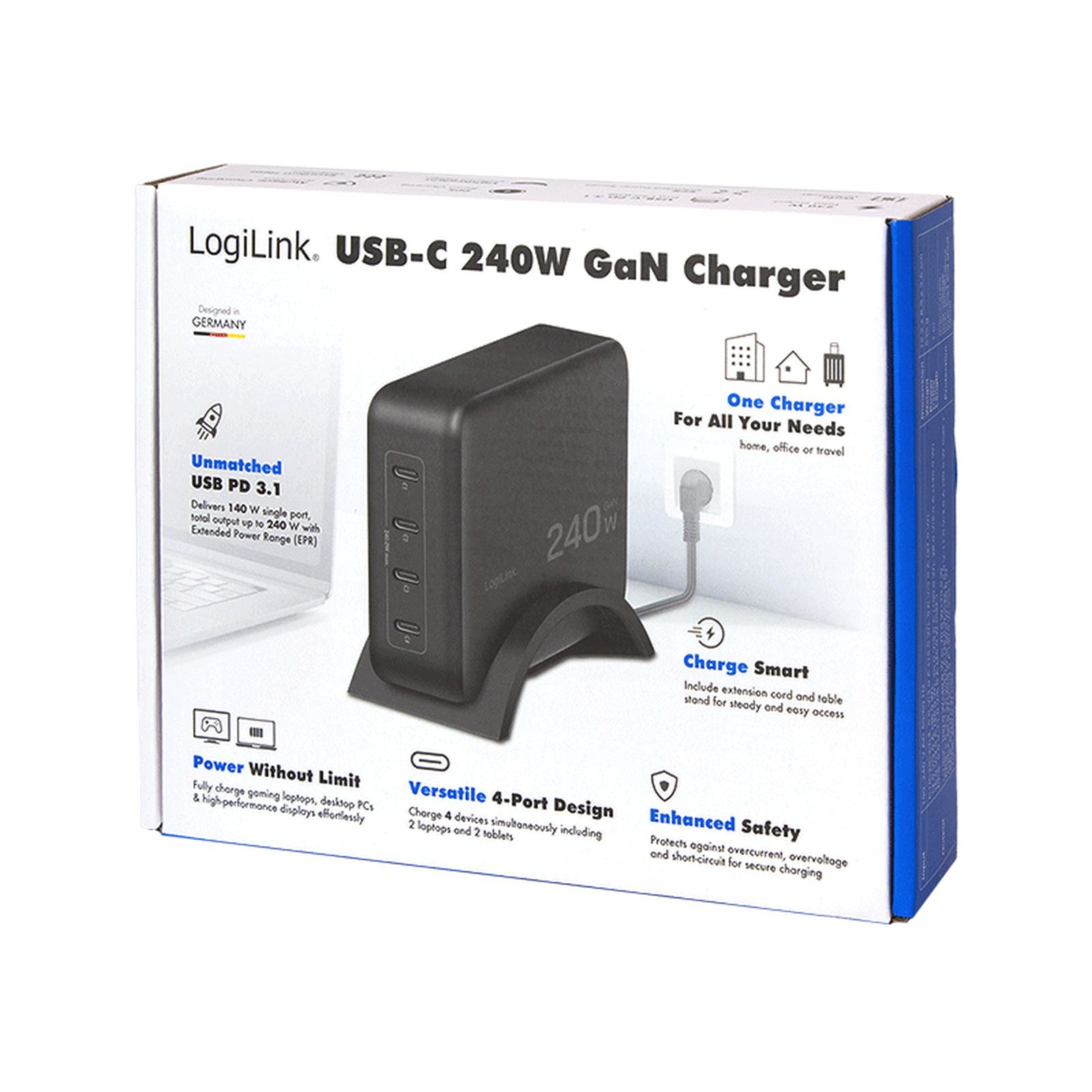 Verpackung eines LogiLink USB-C 240W GaN Chargers mit Produktbildern und Features auf weißem Grund.
