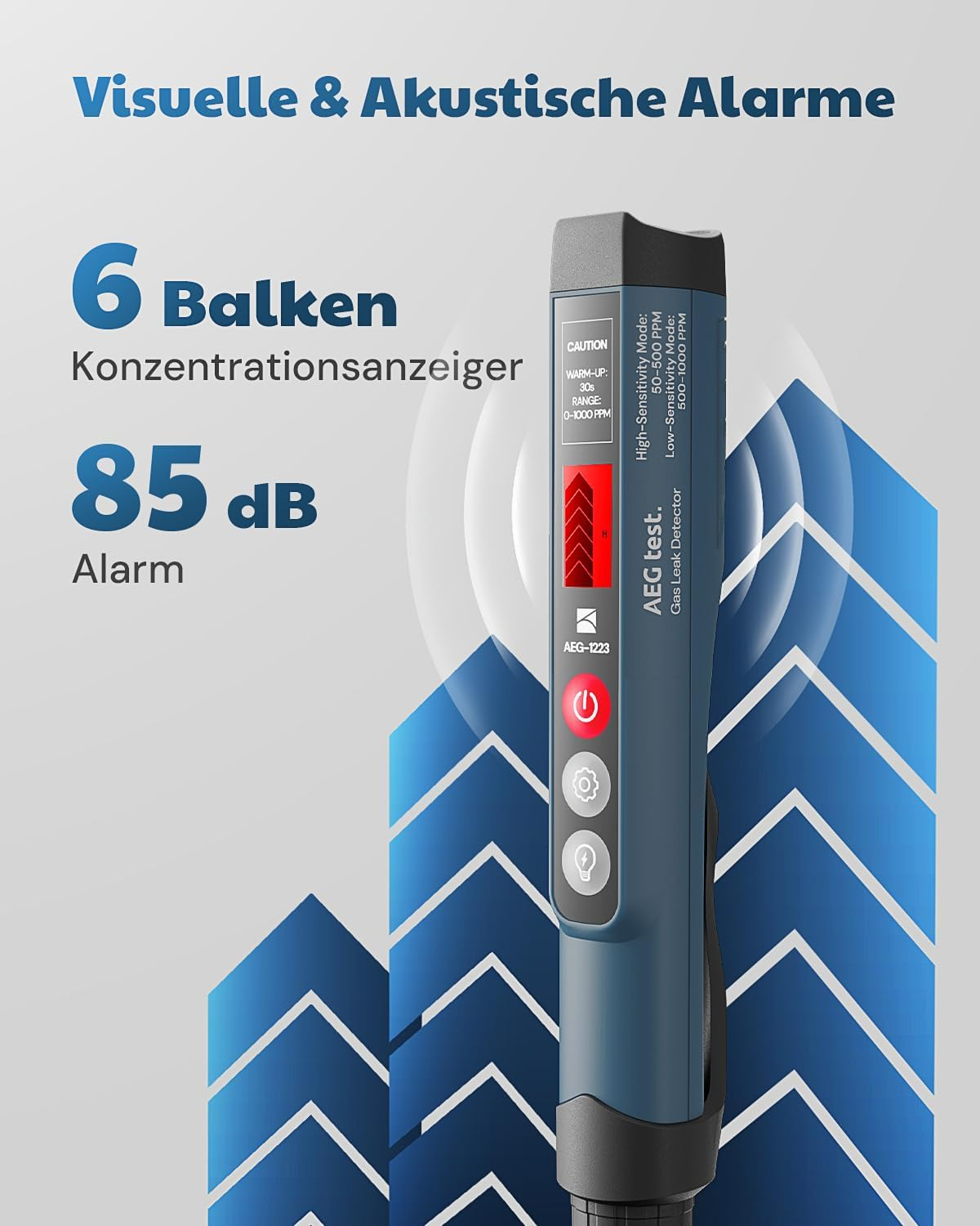 Ein AEG Gaslecksuchgerät mit visuellen und akustischen Alarmen, 6-Balken-Anzeige und 85 dB Alarm.