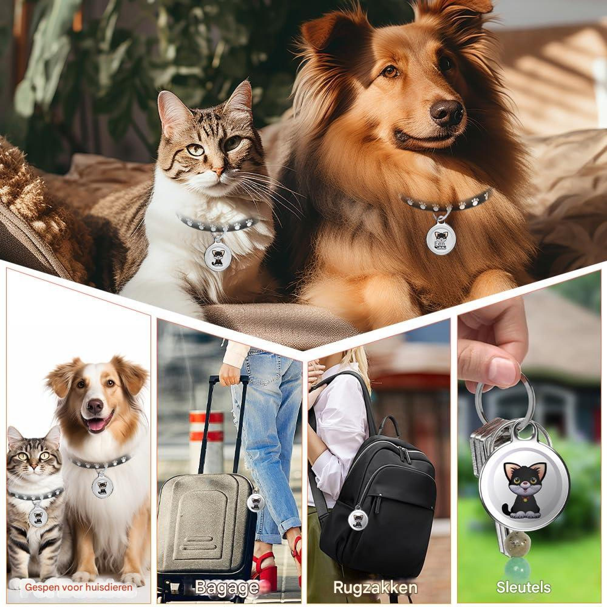 Eine Katze und ein Hund mit personalisierten Anhängern, außerdem auf Gepäck, Rucksäcken und Schlüsseln.