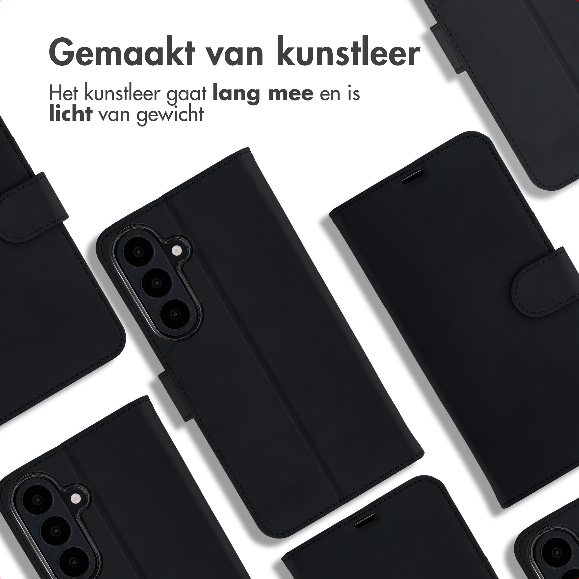 Mehrere schwarze Kunstleder-Handyhüllen auf weißem Hintergrund mit niederländischem Werbetext oben.