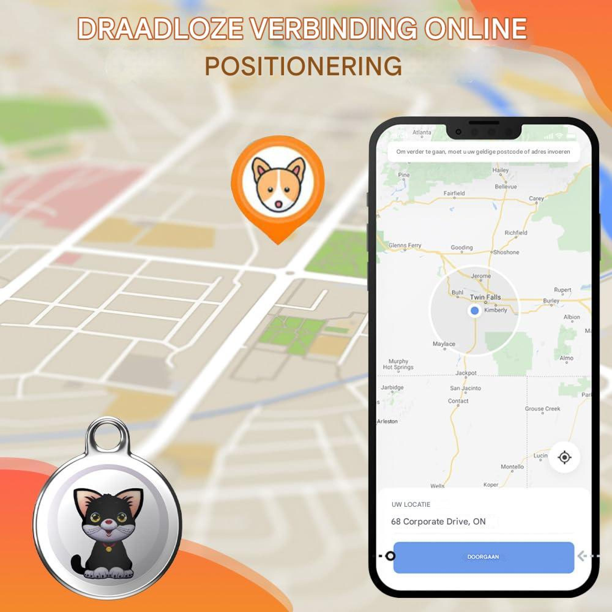 Smartphone zeigt GPS-App mit Haustier-Tracker, digitaler Karte und Hundesymbol auf gestreiftem Hintergrund.