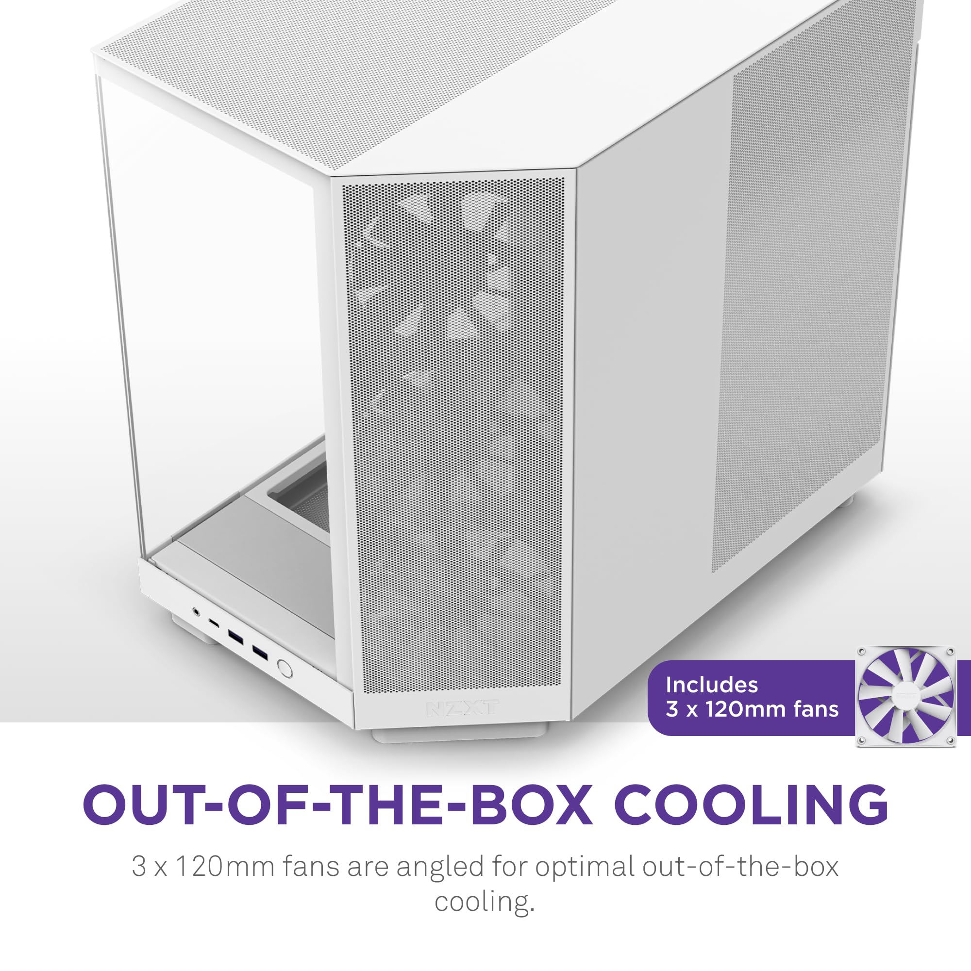 Boîtier PC blanc avec ventilateurs intégrés et texte de refroidissement.