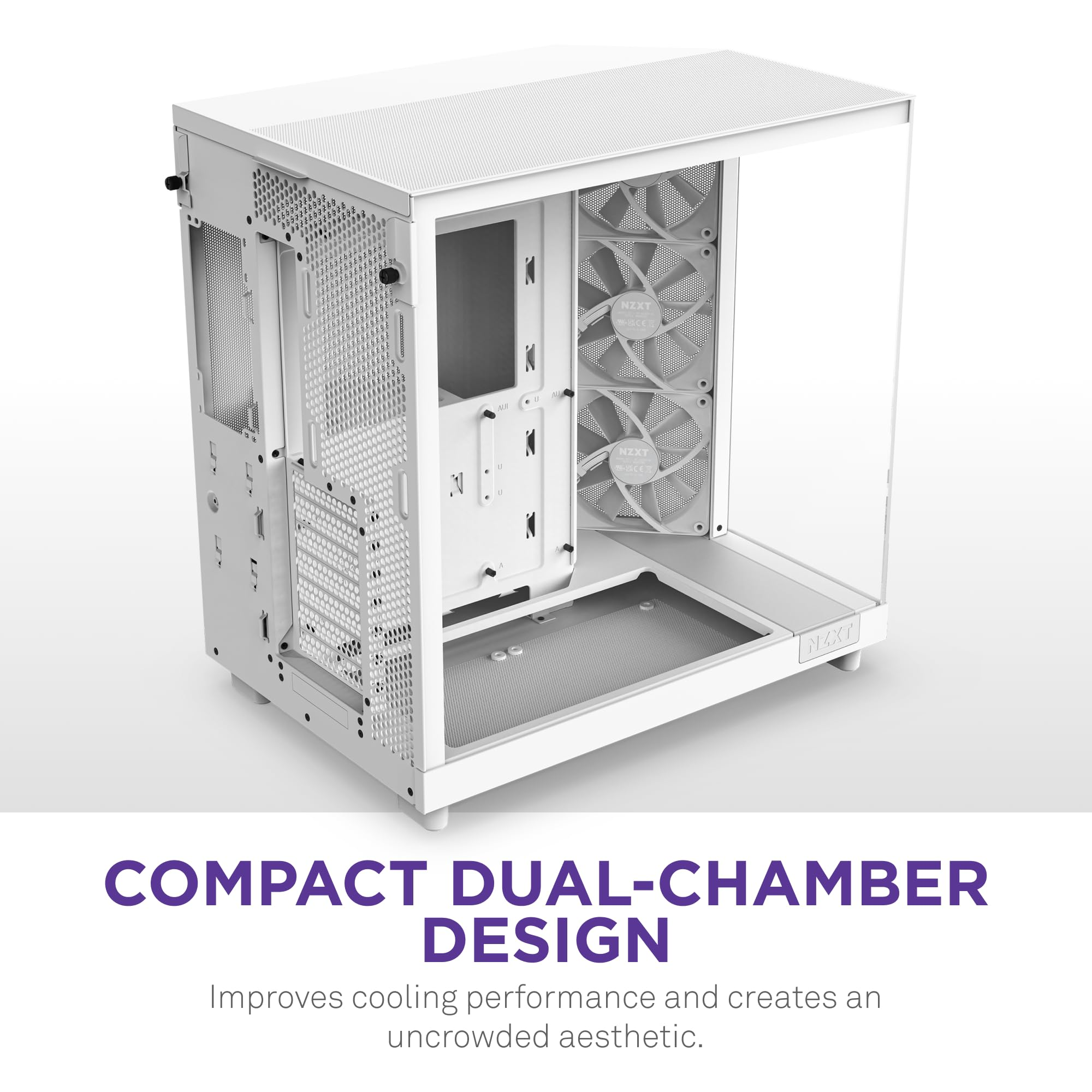 Un boîtier PC compact blanc à double chambre avec ventilateurs et panneaux en maille.