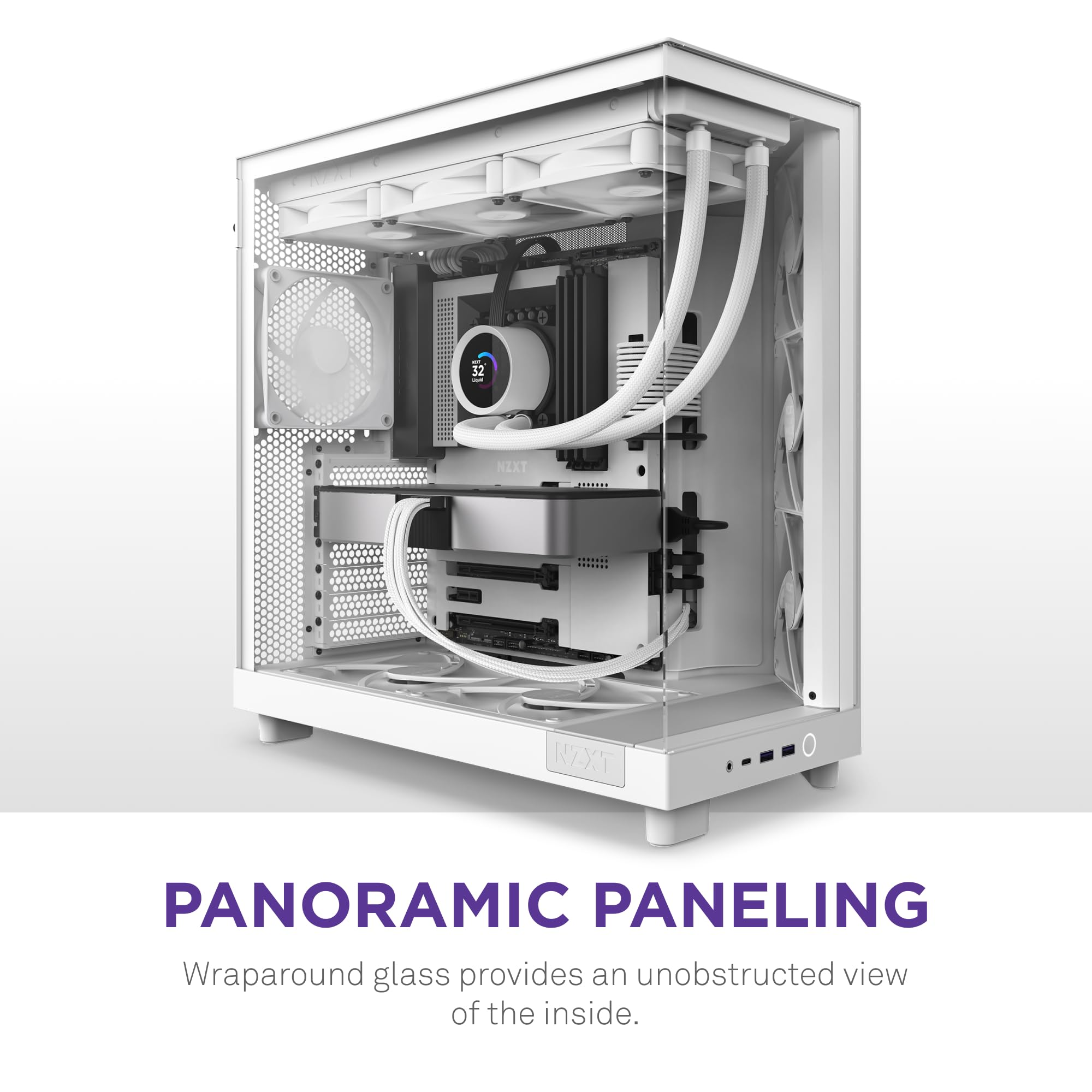 Un boîtier PC blanc avec vitre panoramique montre des composants blancs et un refroidissement liquide.