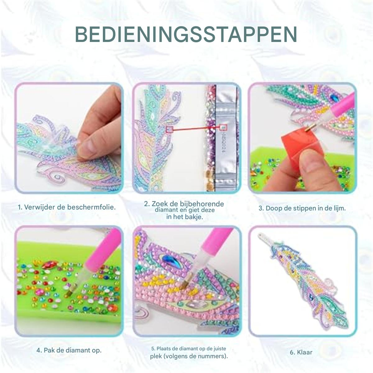 Sechs Bilder zeigen die Schritte einer Diamond Painting Anleitung für ein Pfauenfeder-Motiv.