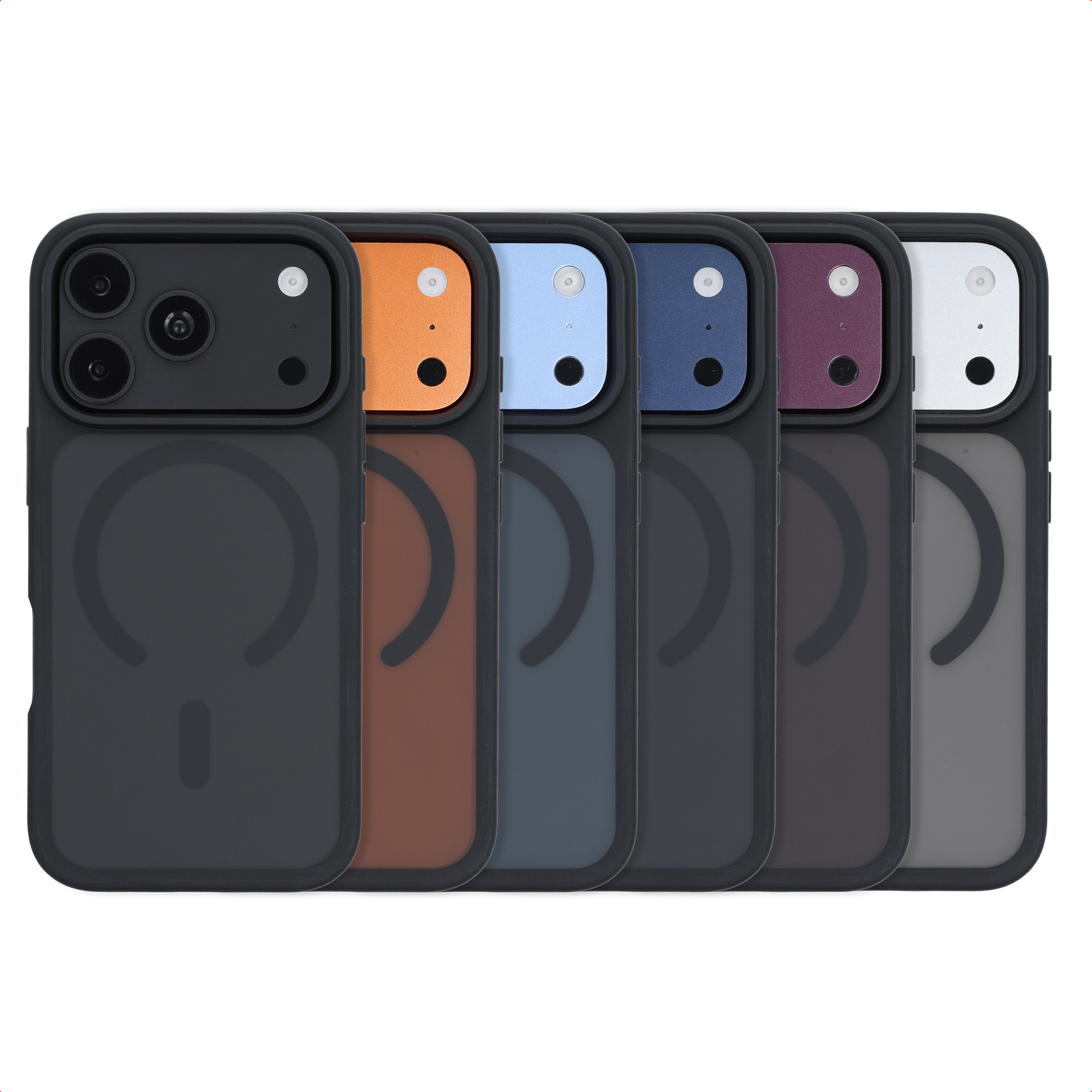 Sei cover per smartphone in nero, arancione, blu, blu scuro, viola e grigio con cerchio MagSafe.