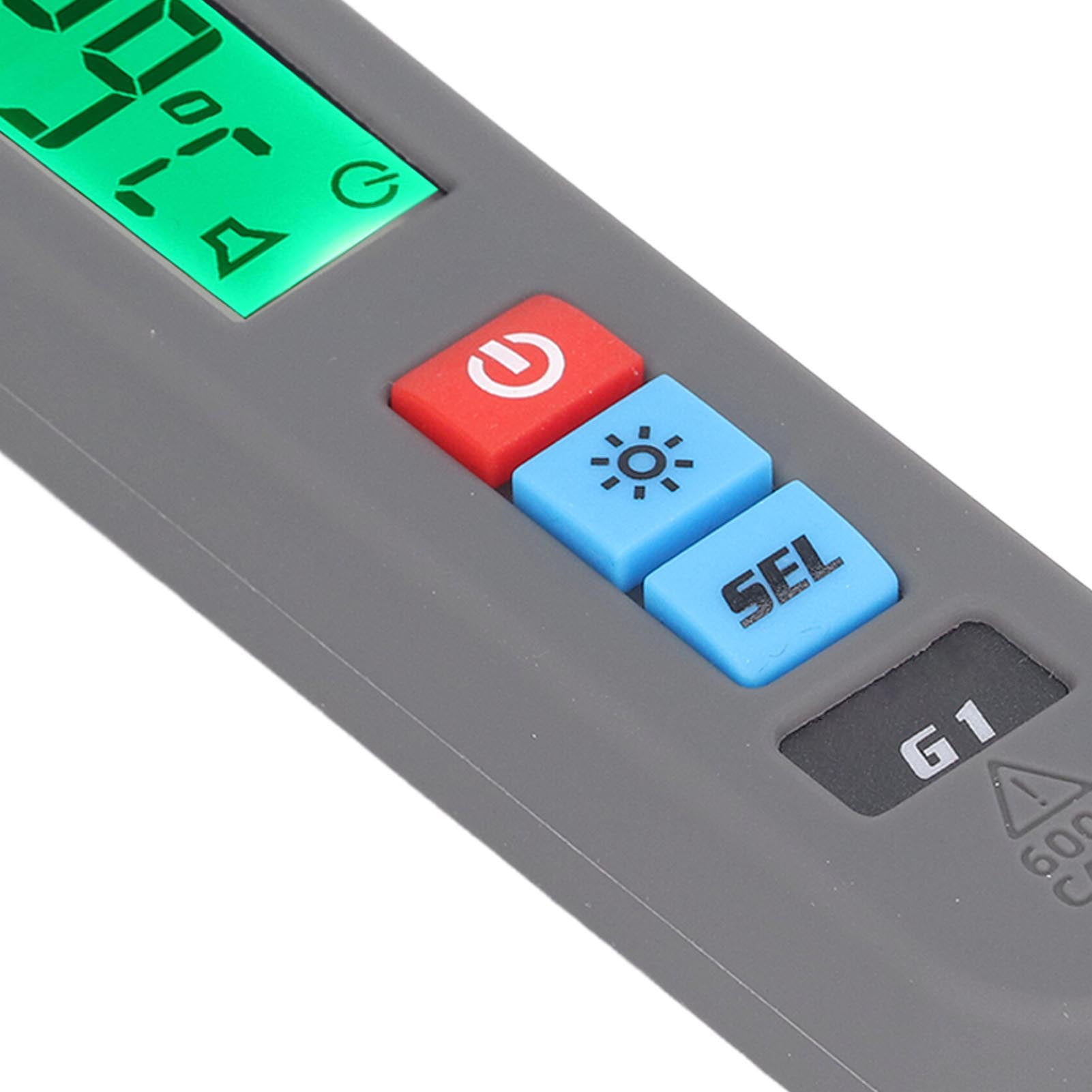 Graues Digitalmessgerät mit grünem Display und roten sowie blauen Tasten.