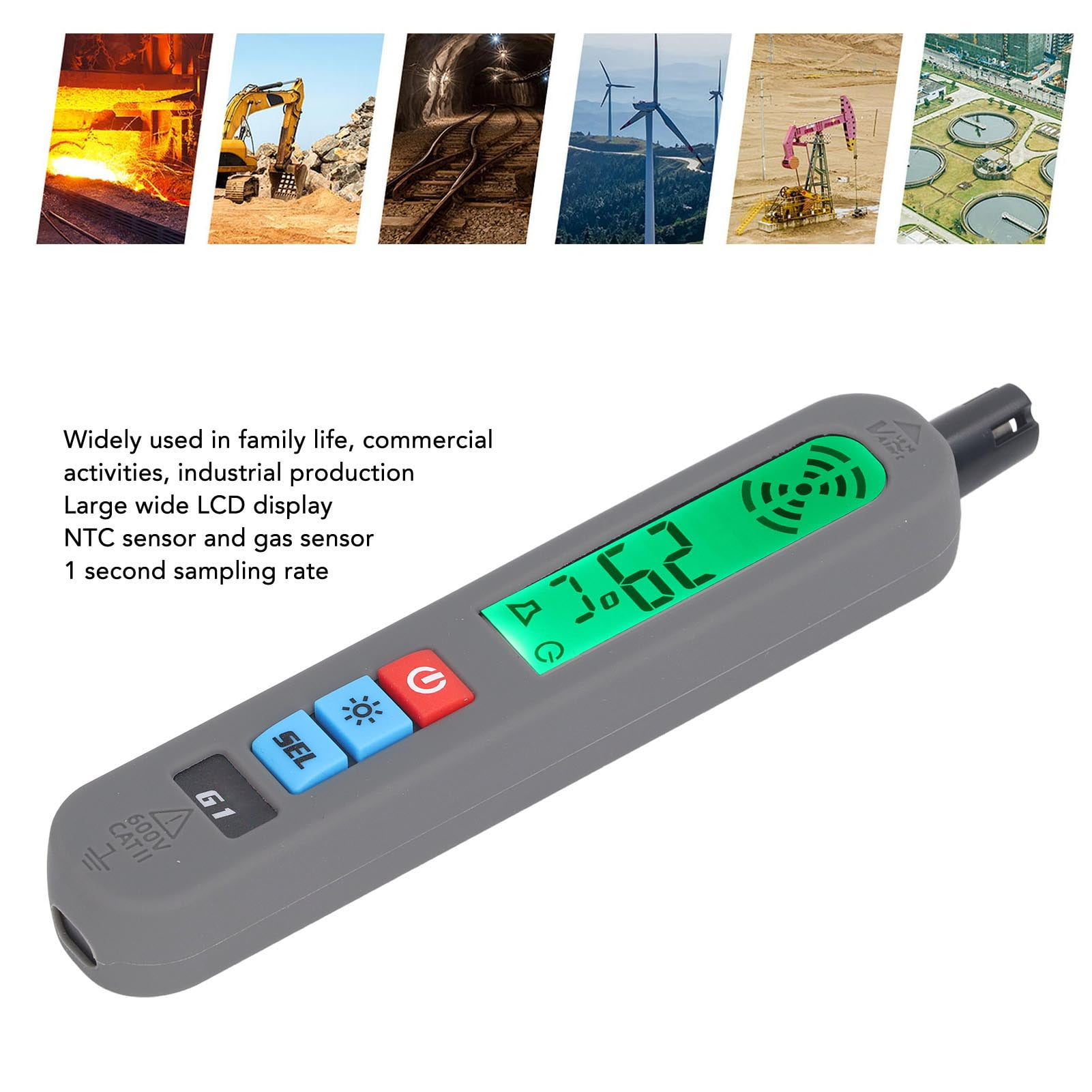 Ein grauer digitaler Gasdetektor mit grünem LCD-Bildschirm, mehreren Tasten und Bildern industrieller Anwendungen oben.
