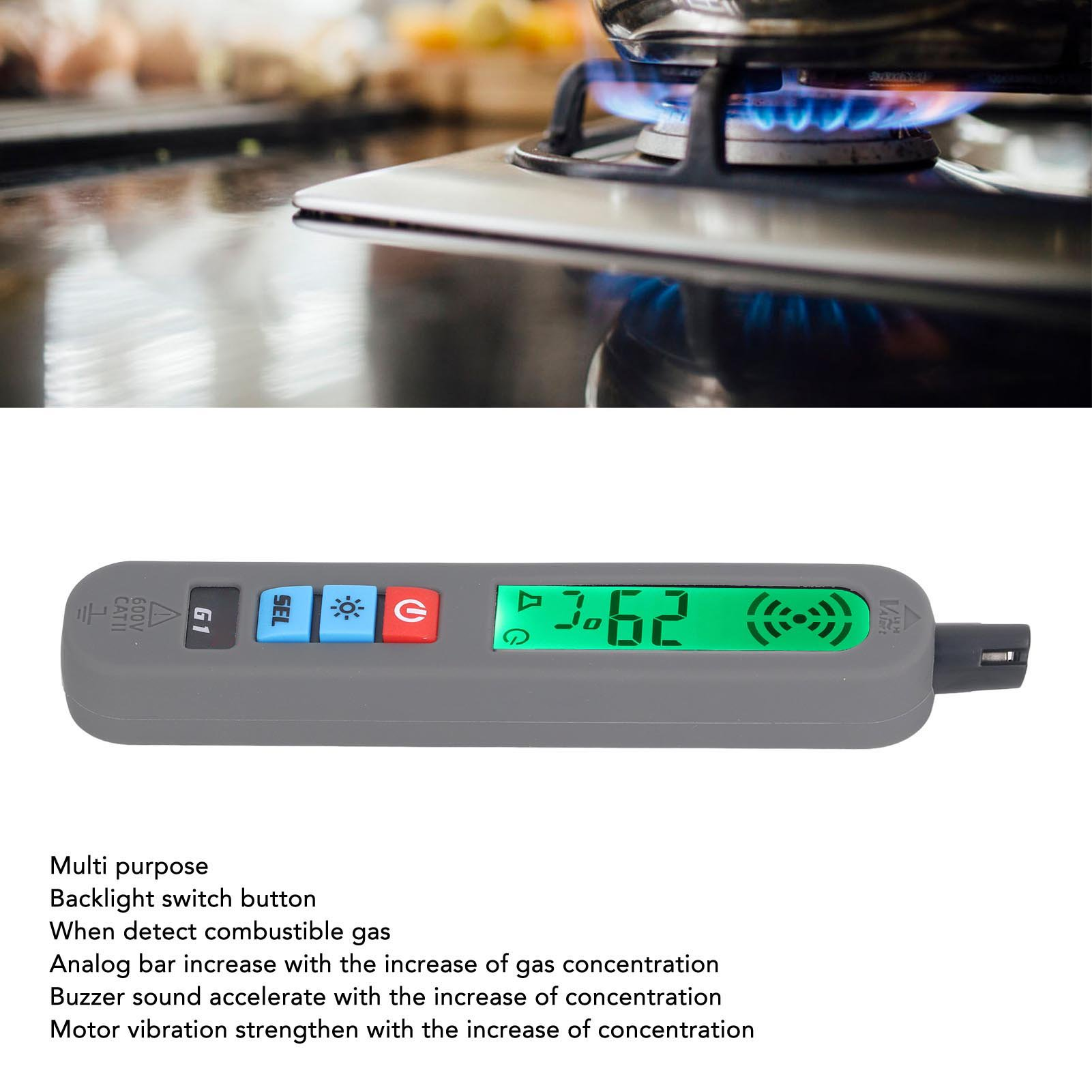 Ein grauer Gasspürgerät-Sensor mit farbigen Tasten und grünem Display.