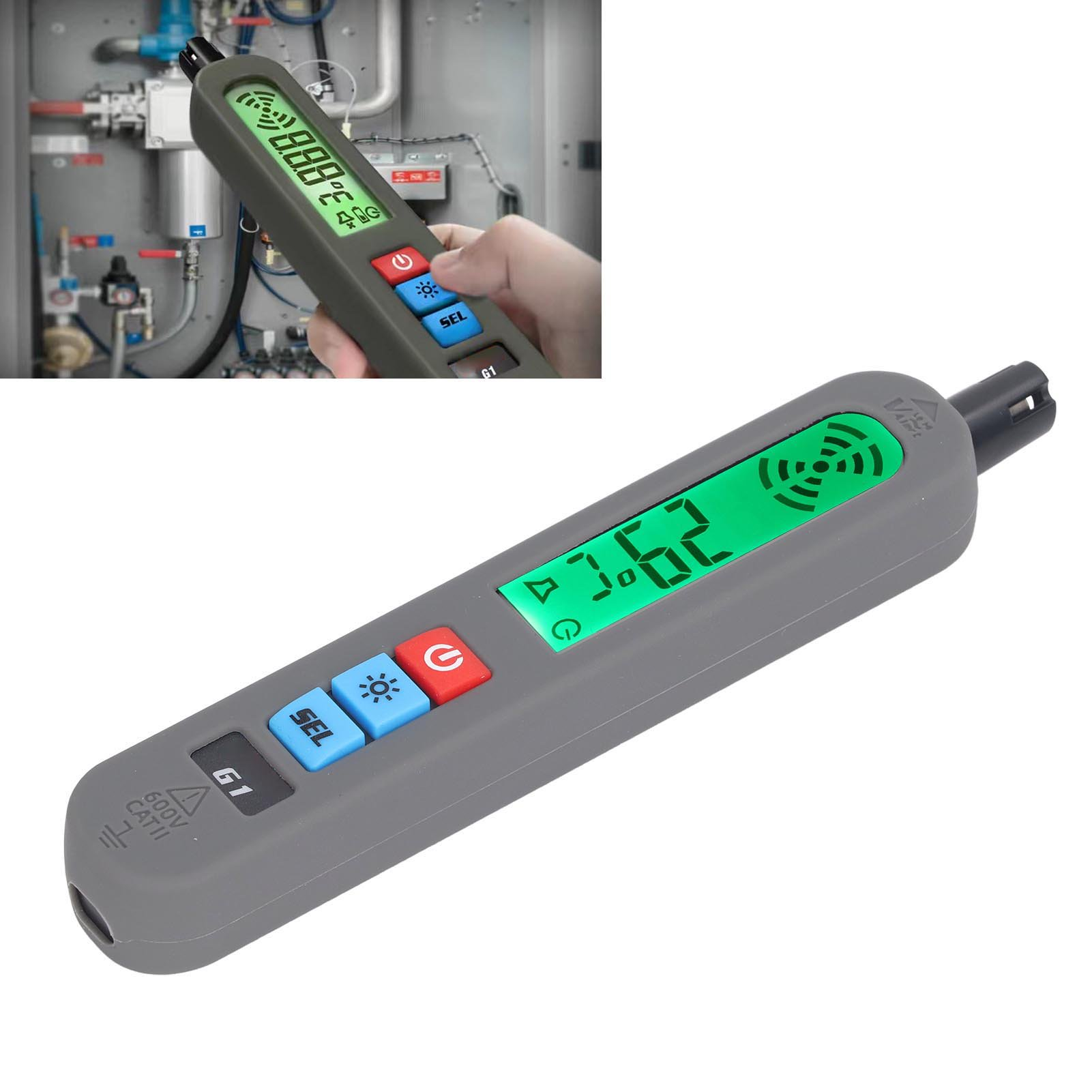 Ein grauer, tragbarer digitaler Gasmessgerät mit hellem grünem Bildschirm und bunten Tasten auf weißem Hintergrund.