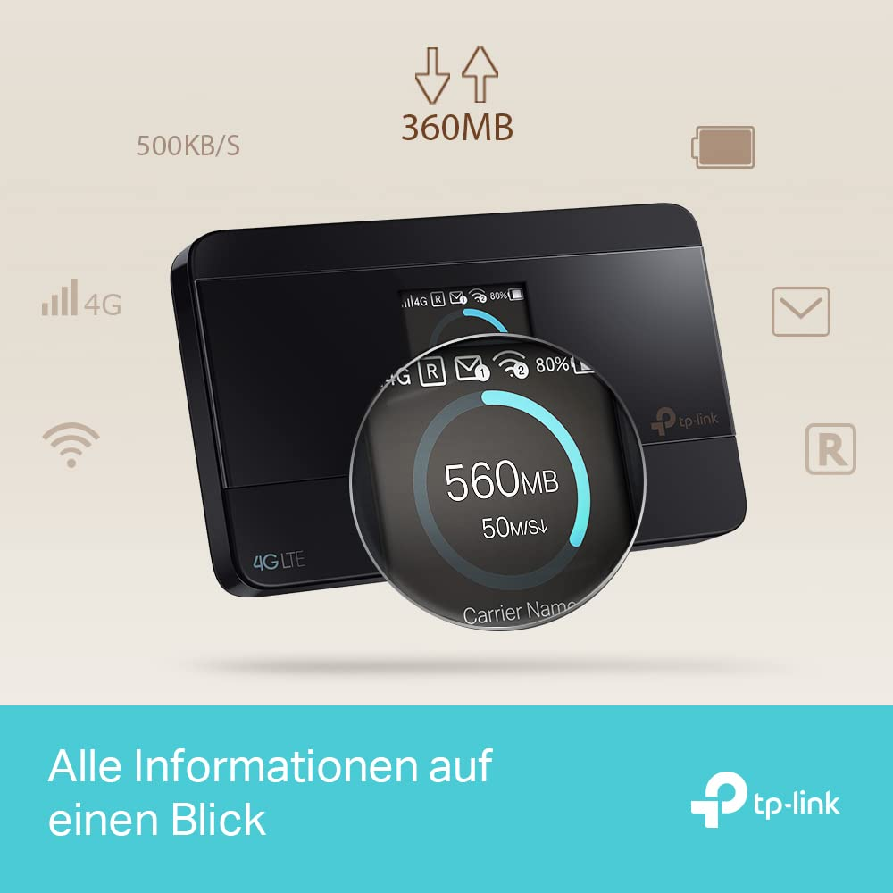 Router Wi-Fi mobile TP-Link 4G LTE nero con display dello schermo ingrandito.