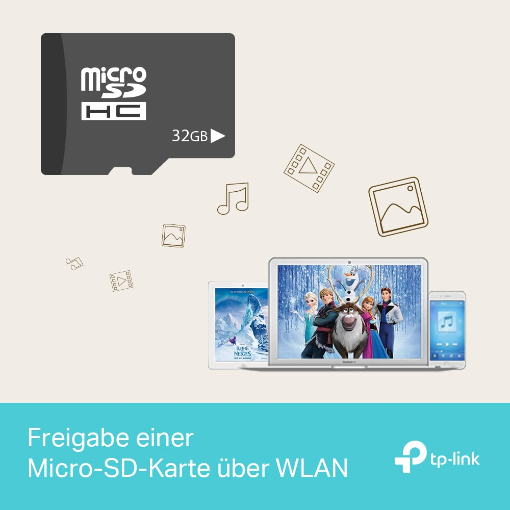Una scheda microSD da 32GB sopra tablet, laptop e smartphone con personaggi di Frozen e icone multimediali fluttuanti.