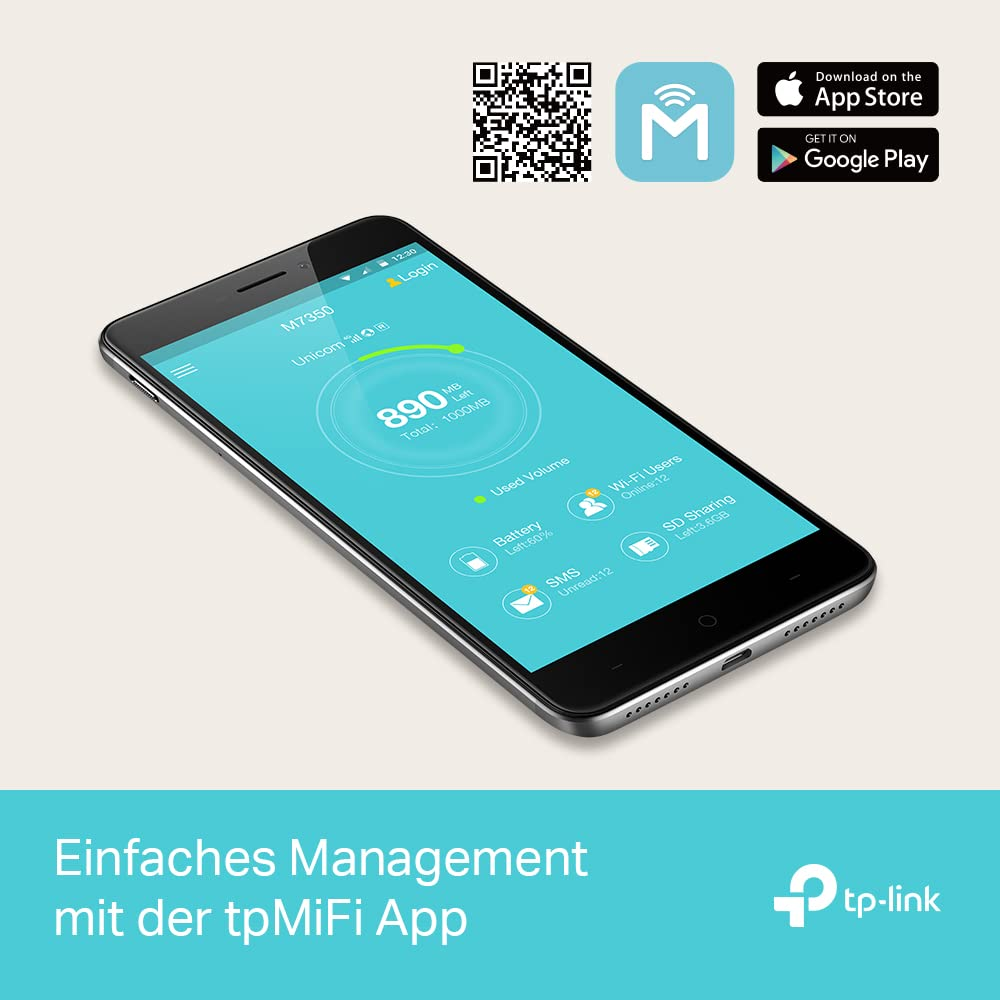 Smartphone con app di utilizzo dati in verde acqua, codice QR e link ai negozi.