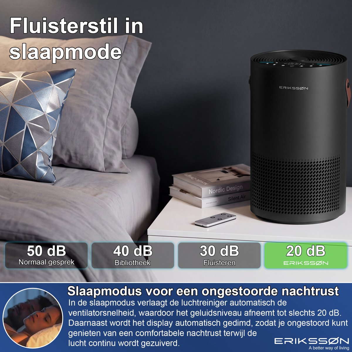 Ein schwarzer Erikssøn Luftreiniger steht auf einem Nachttisch im Schlafzimmer neben einem Bett mit blauem Kissen.