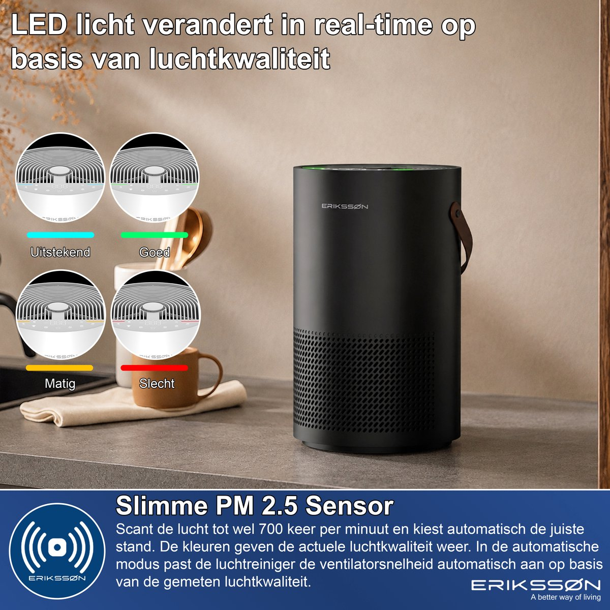Ein schwarzer Erikssøn Luftreiniger steht auf einer Küchentheke mit LED-Anzeigen für die Luftqualität.