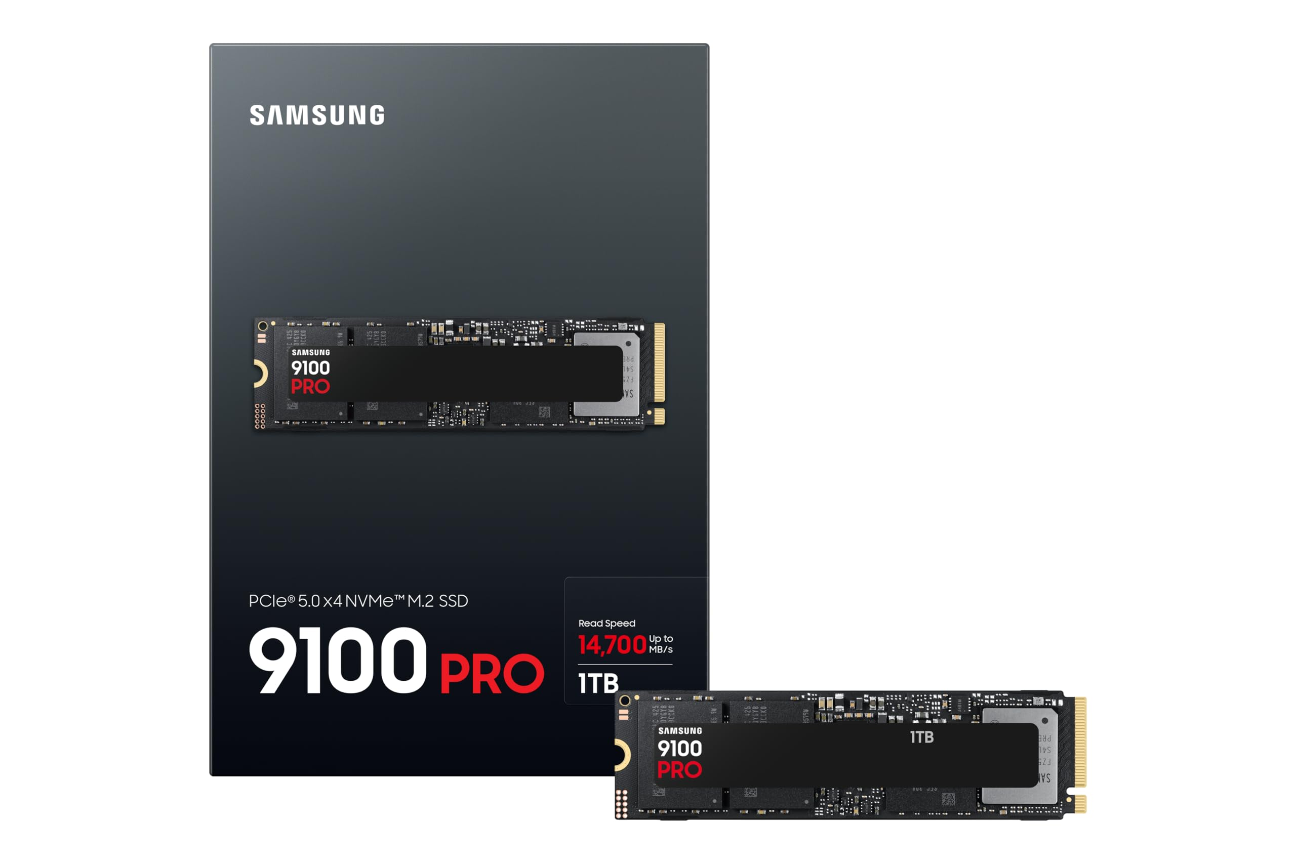 SSD M.2 NVMe Samsung 9100 Pro 1TB PCIe 5.0 davanti alla sua confezione grigio scuro.