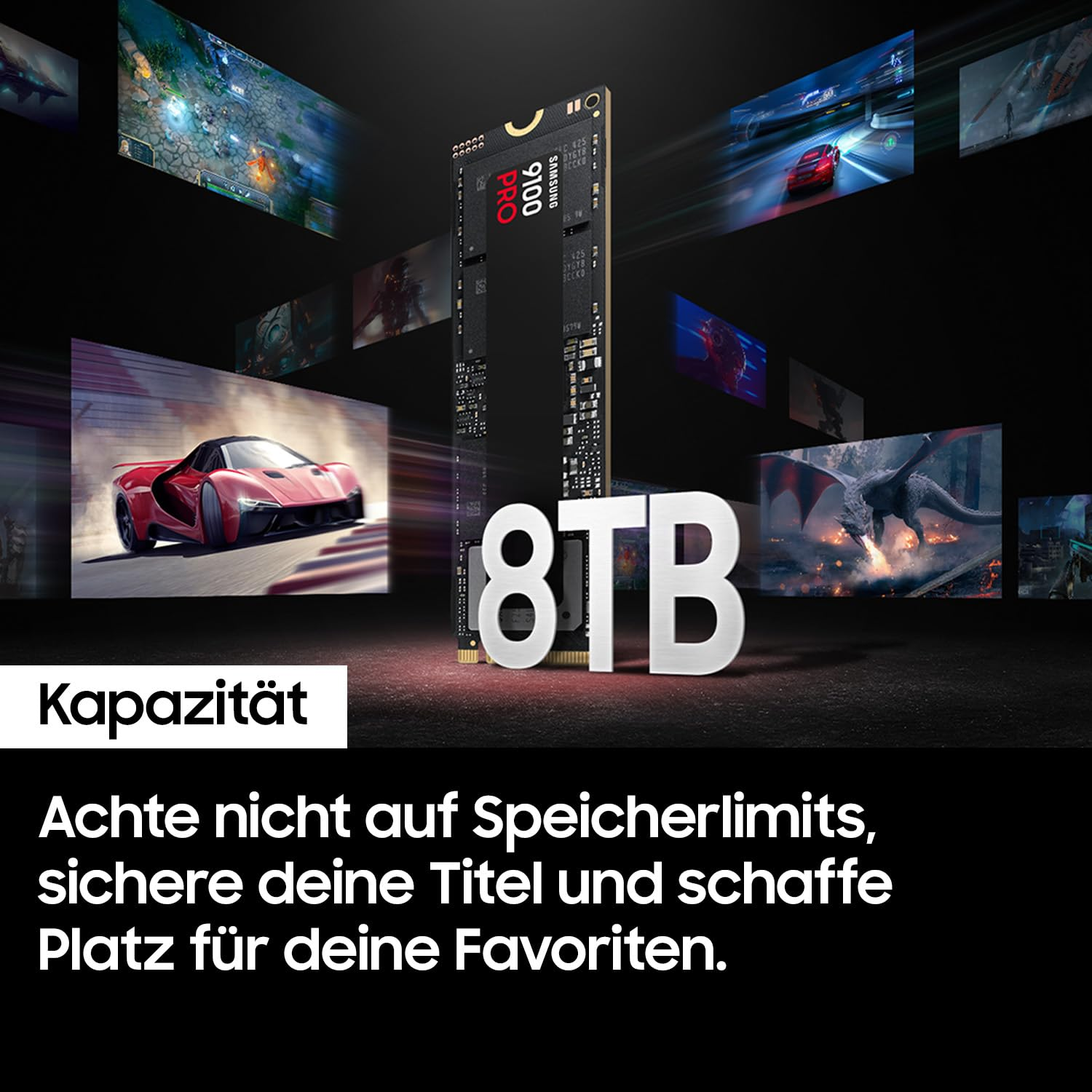 SSD Samsung con capacità di 8TB, circondato da scene di giochi e auto, con testo in tedesco.