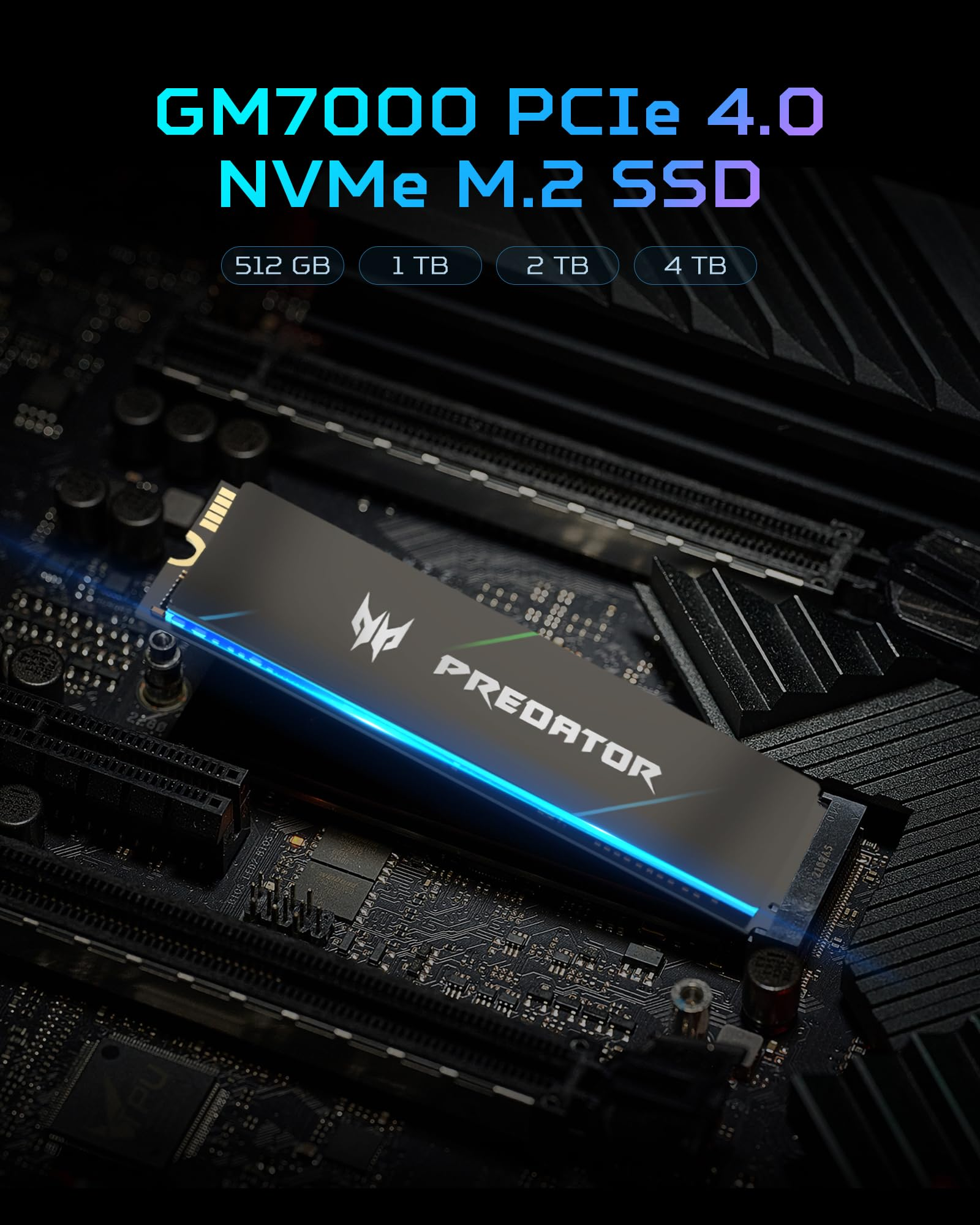 Un SSD Predator GM7000 PCIe 4.0 NVMe M.2 è installato su una scheda madre nera per computer.