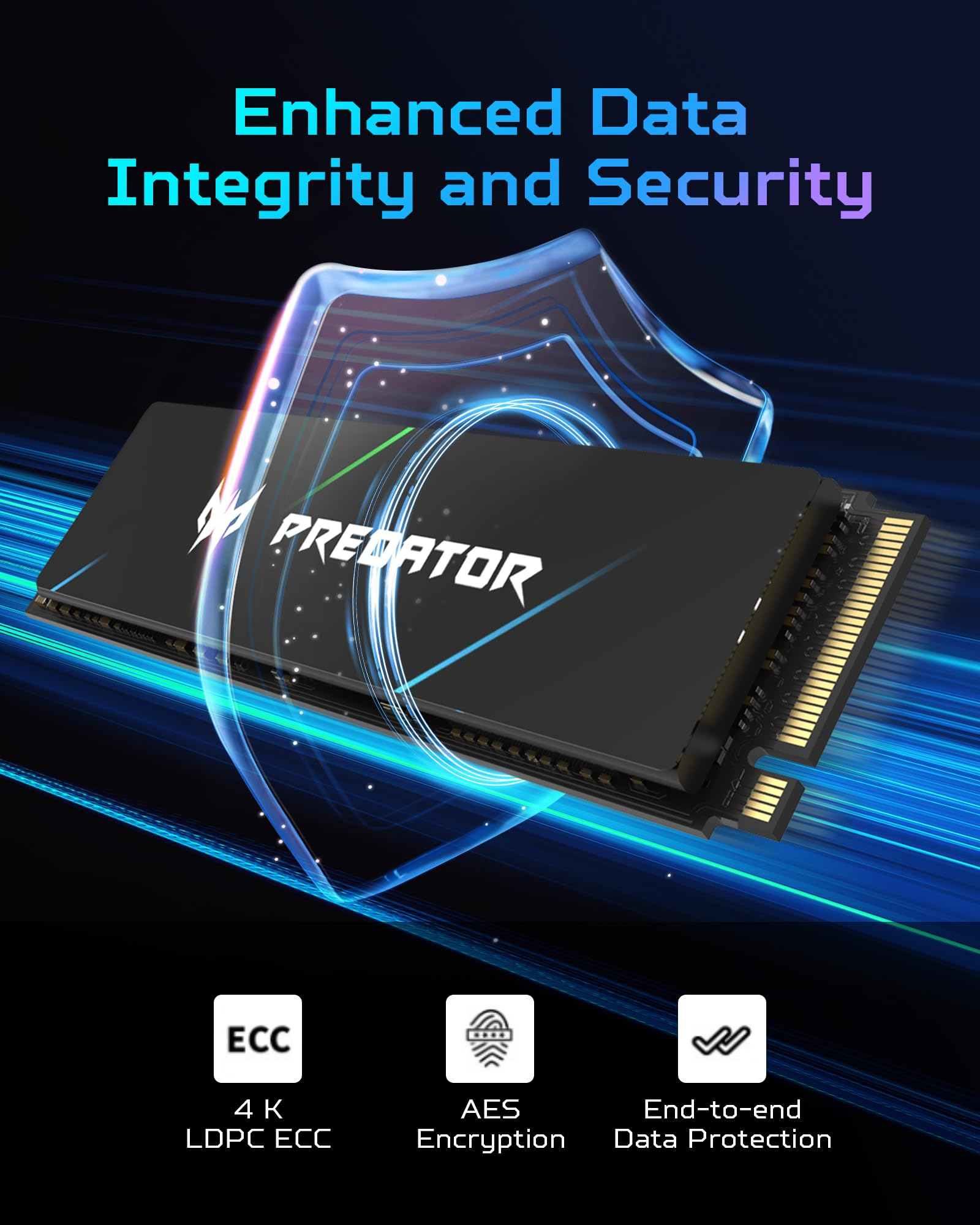 Un SSD Predator protetto da uno scudo trasparente con testo sulla sicurezza dei dati e tre icone tecnologiche.