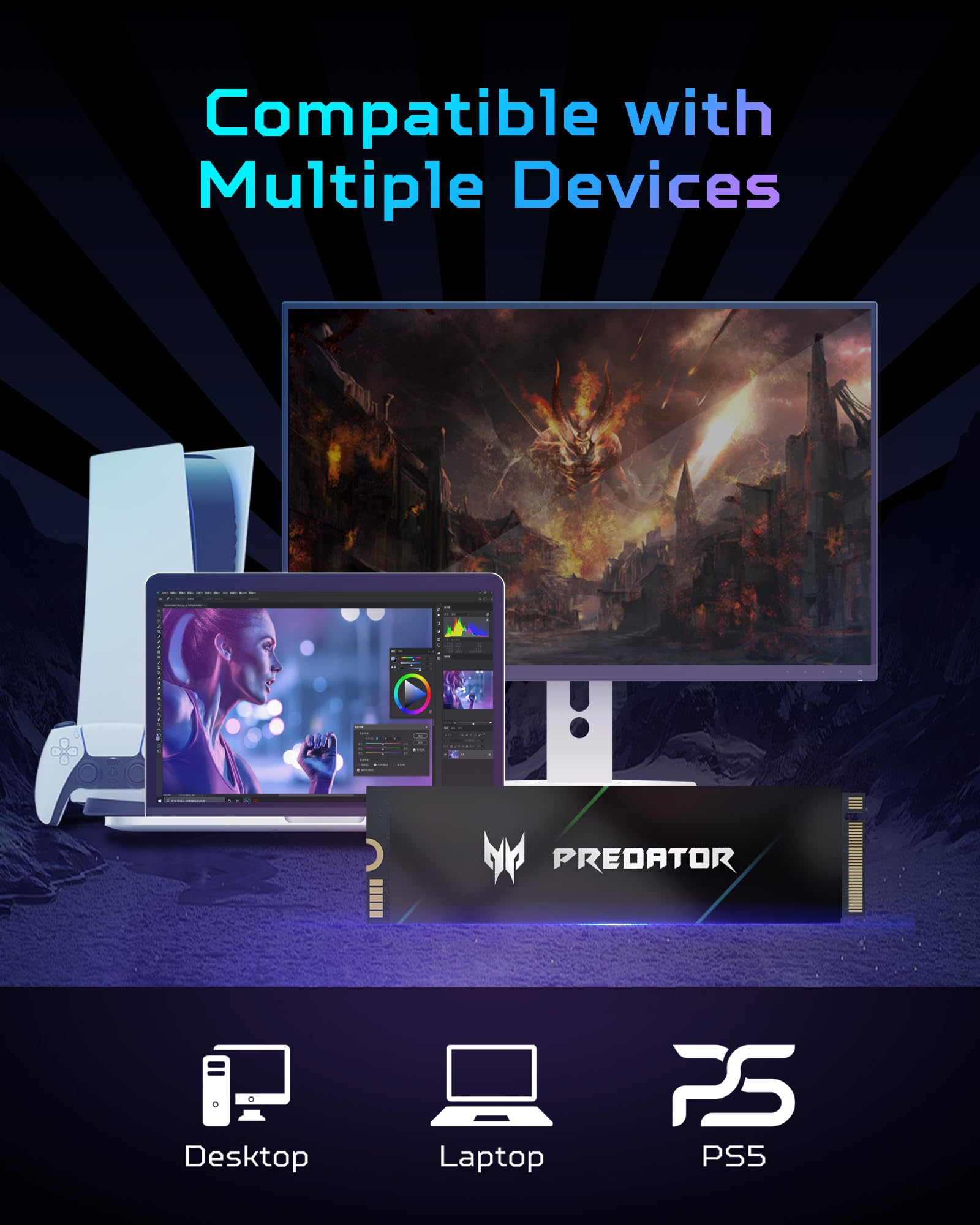Un SSD Predator è compatibile con desktop, laptop e PS5, su sfondo scuro.