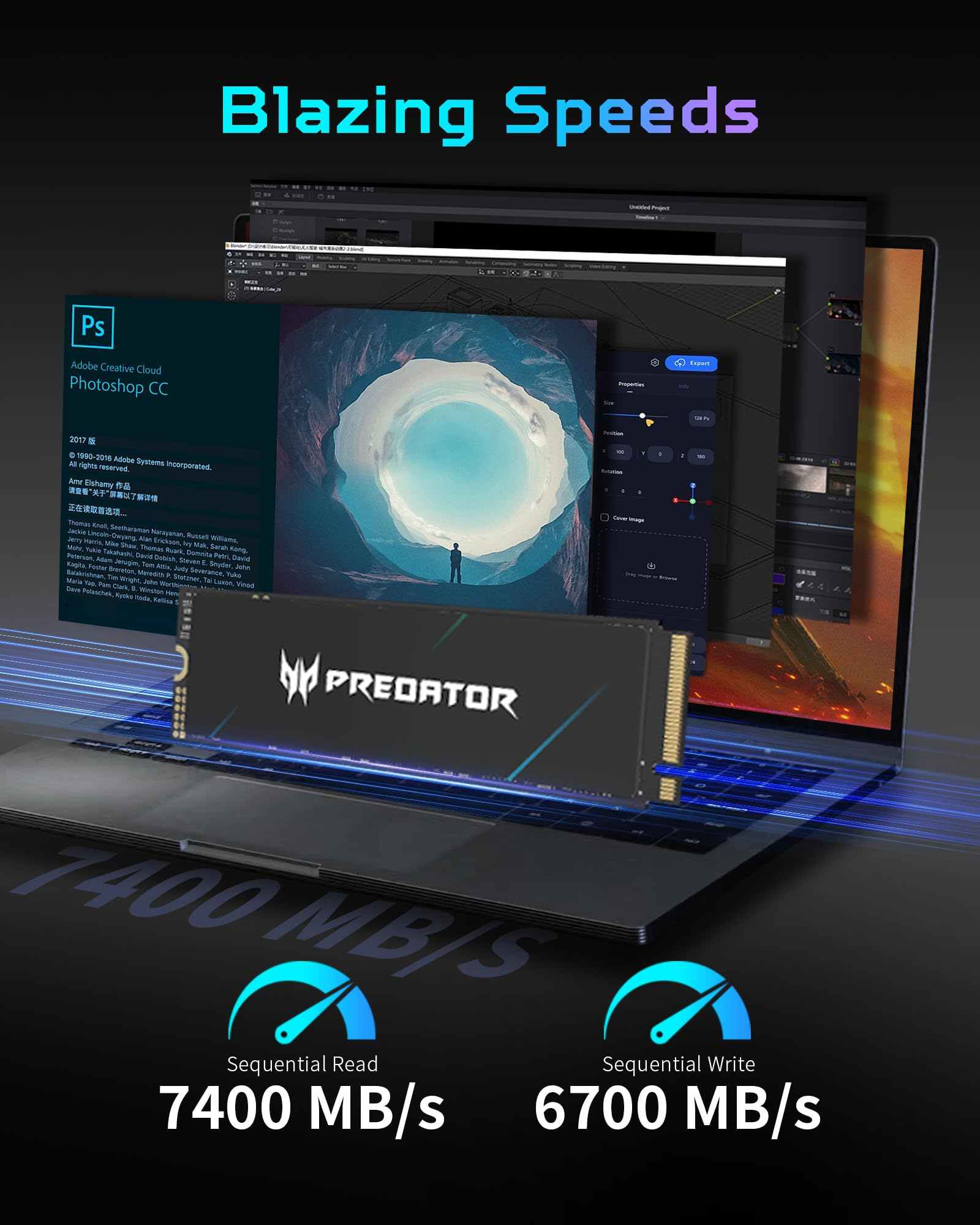 Un SSD Predator è davanti a un laptop con Photoshop e software, con metriche di velocità sottostanti.