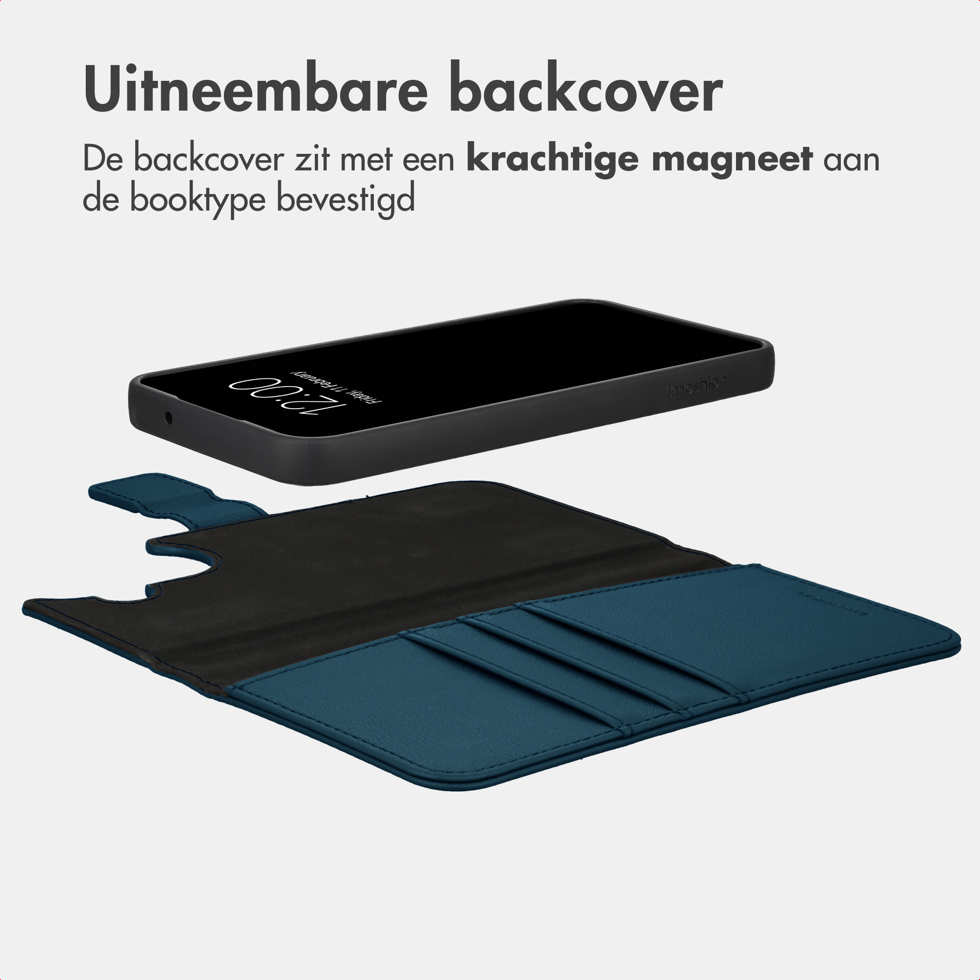 Eine abgelöste dunkle Handyhülle schwebt über ihrer blauen Brieftaschen-Basis vor weißem Hintergrund mit niederländischem Text.