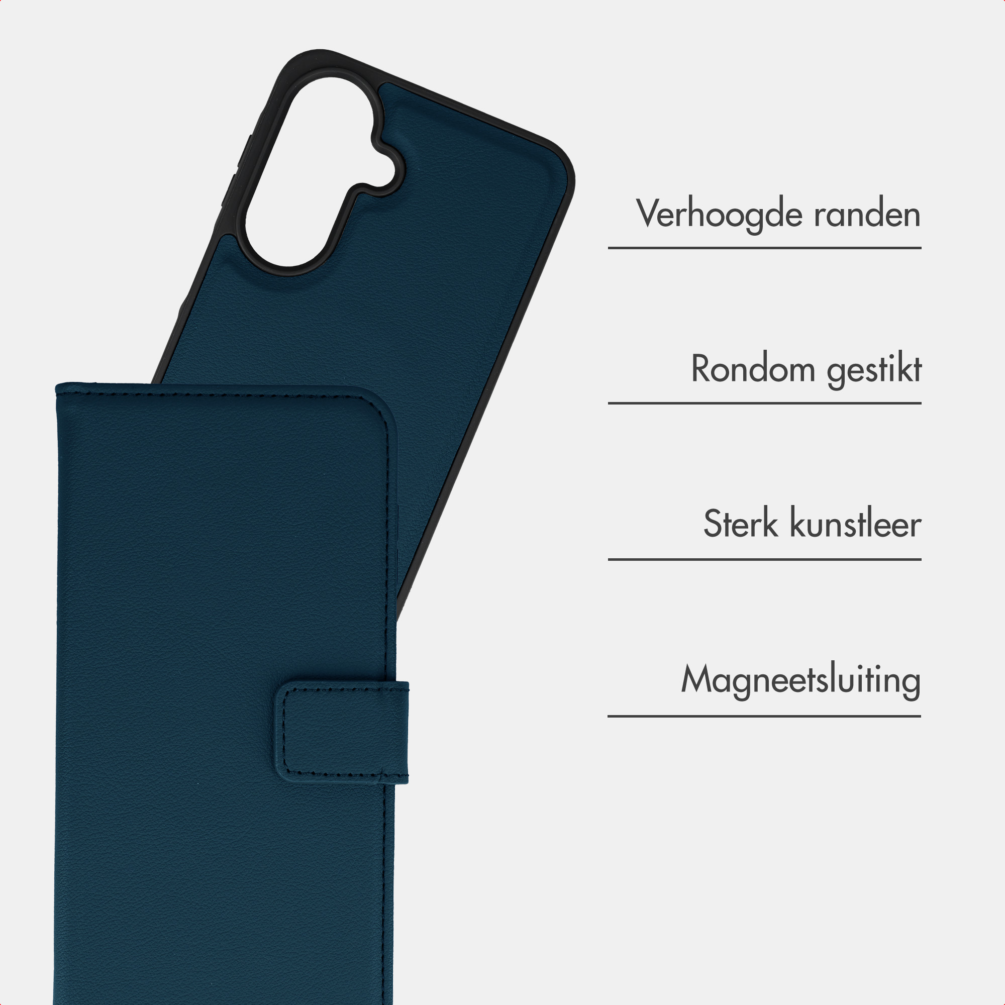 Blaue Handytasche mit Eigenschaften wie erhöhtem Rand und Magnetverschluss.
