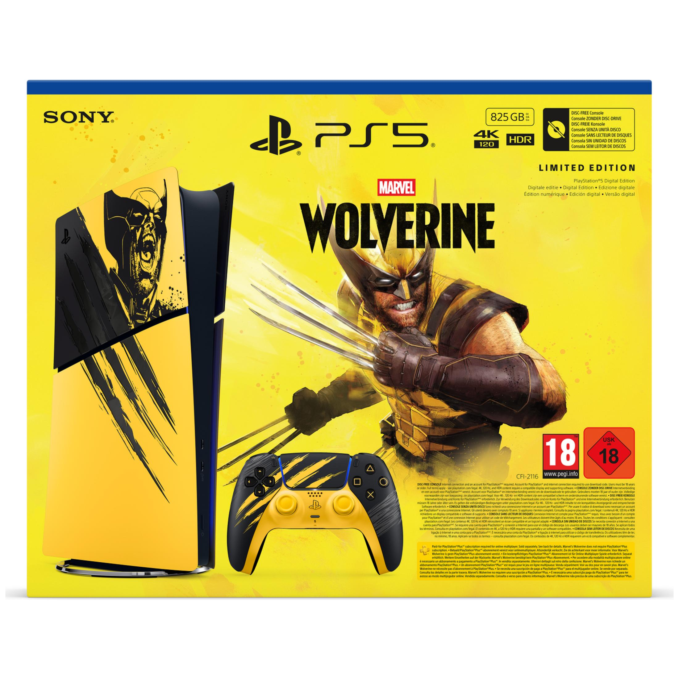 Caja de edición limitada de PS5 amarilla con diseño de Marvel Wolverine, consola, mando y clasificación 18+.