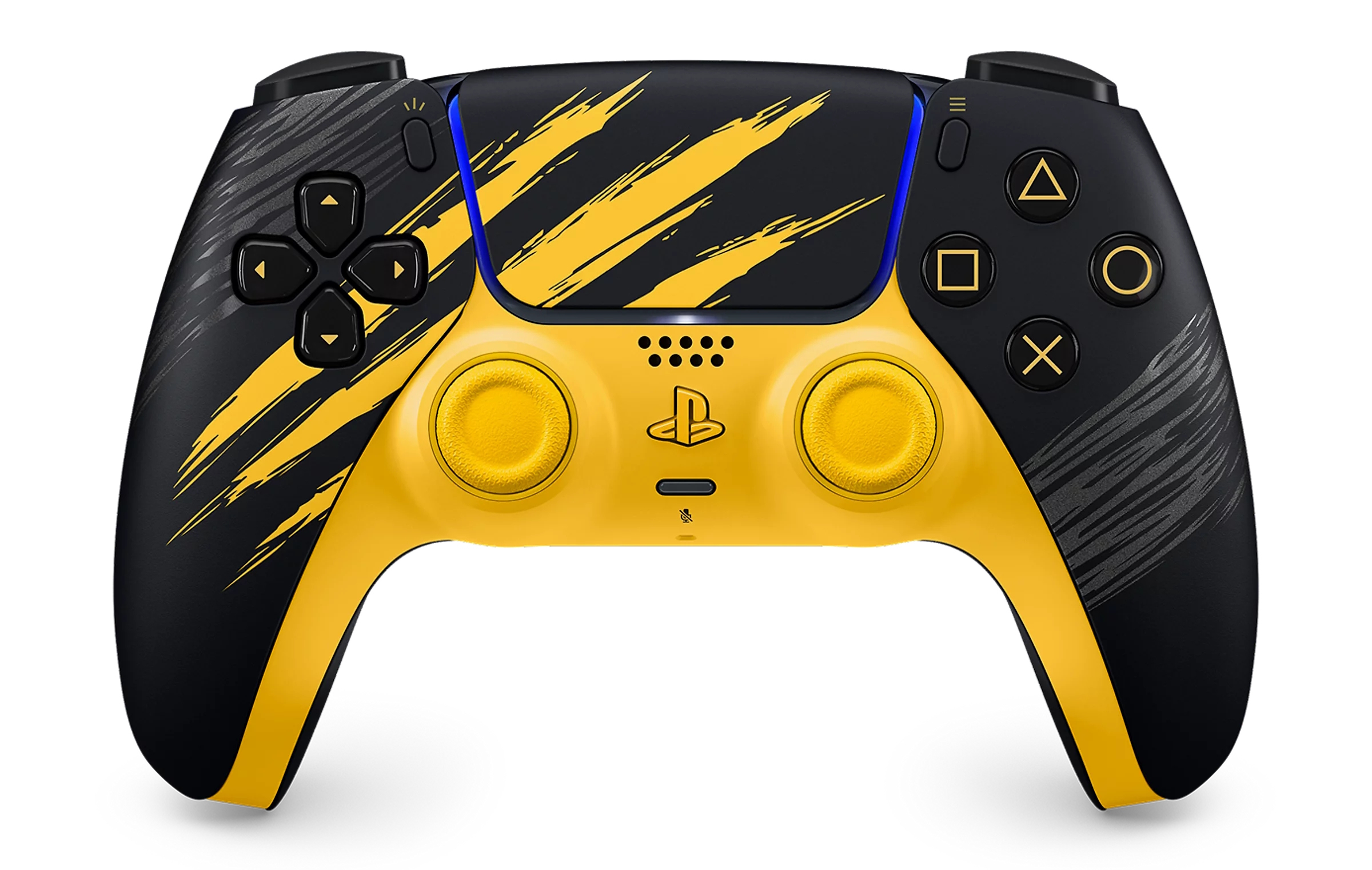 Un controlador de PlayStation 5 negro y amarillo con patrones de garras y botones dorados.