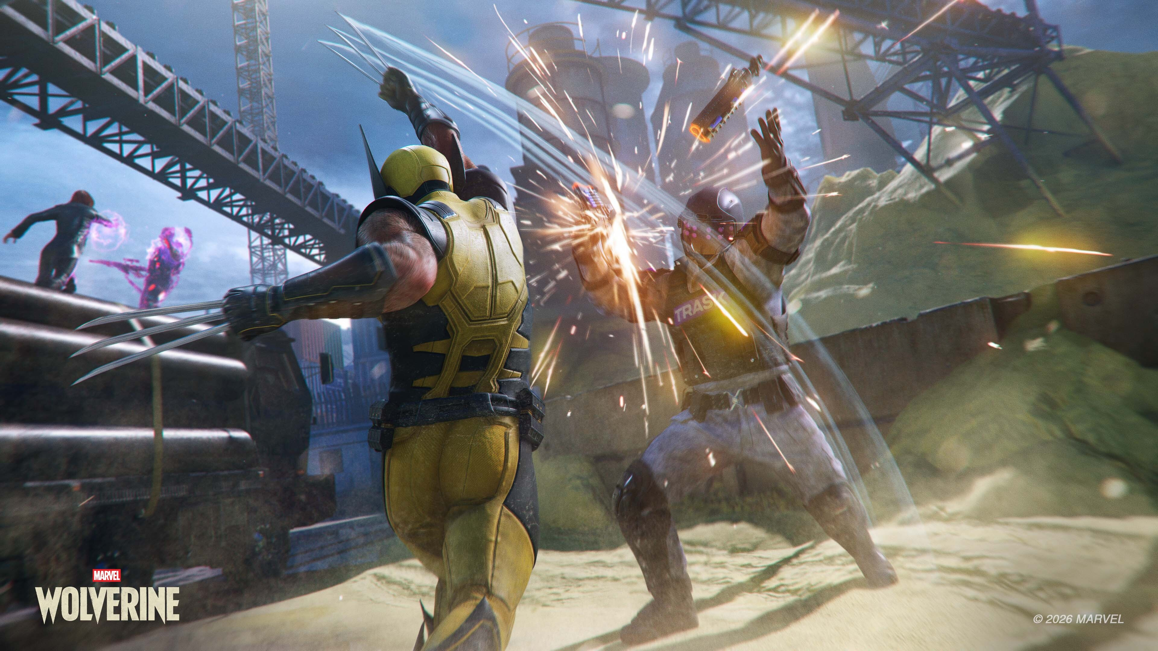 Wolverine lucha contra un oponente con garras metálicas que echan chispas, en un entorno industrial.