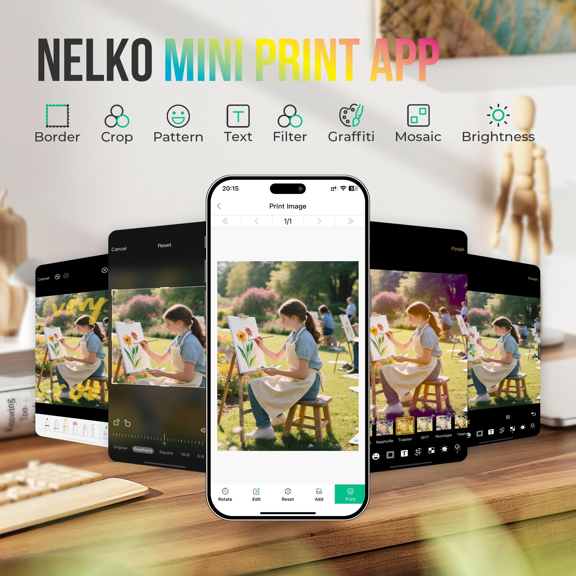Interfaccia app con funzioni di editing foto come bordo, ritaglio e filtri su più schermate di smartphone.