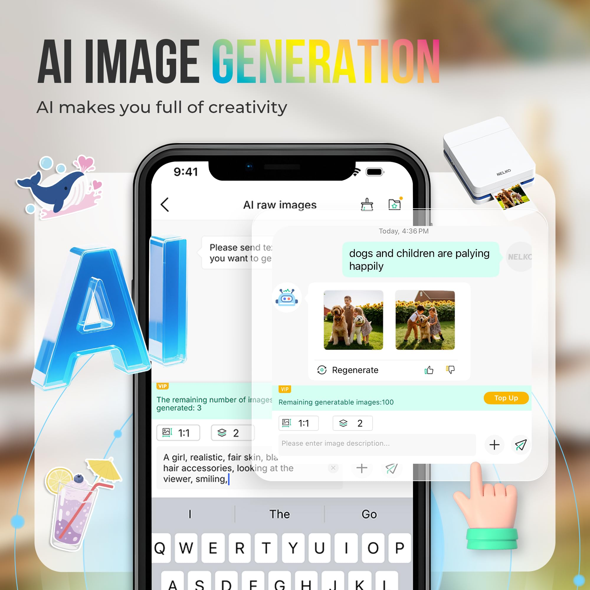 Immagine promozionale di IA con uno smartphone, interfaccia chat, piccole foto e stampante portatile.