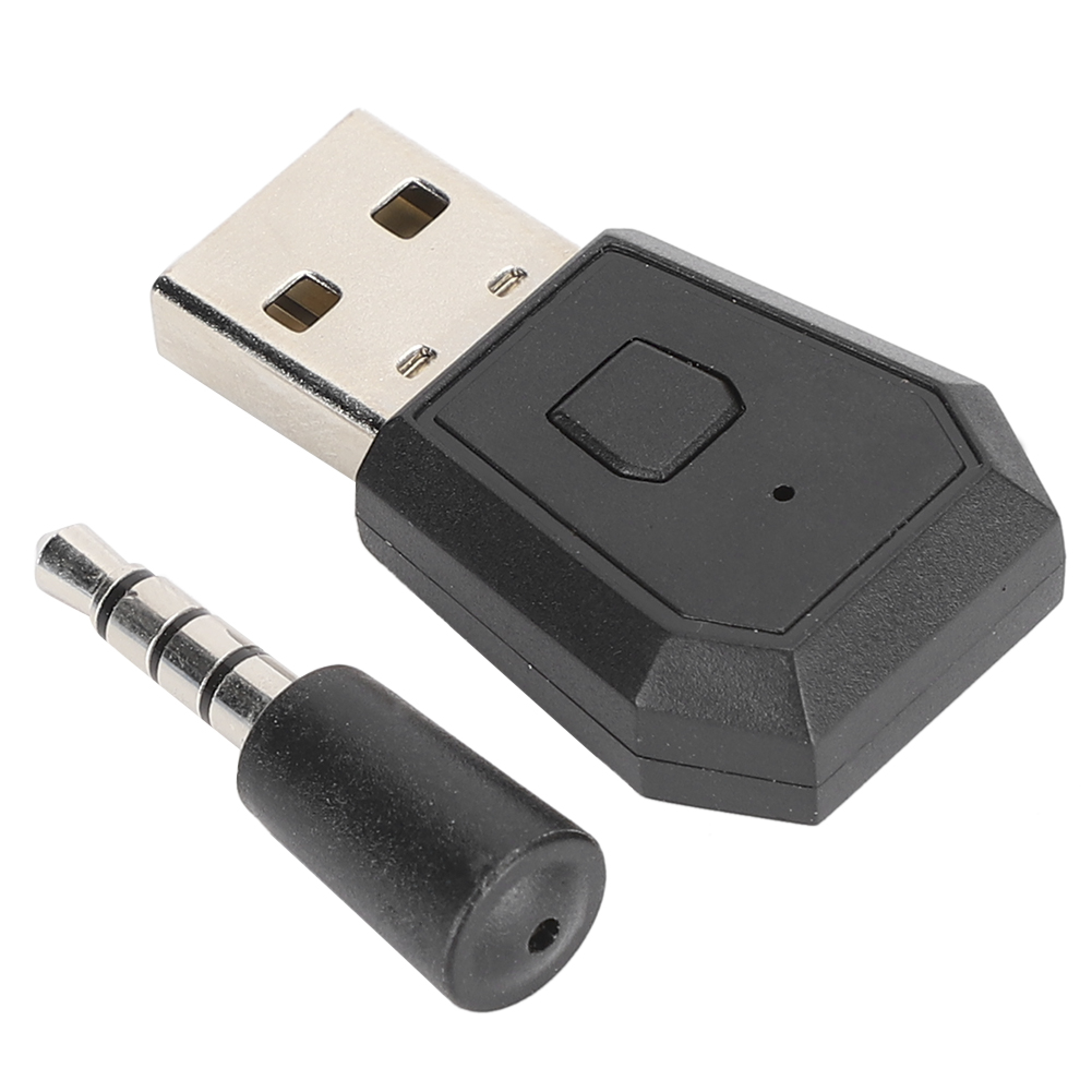 Ein schwarzer USB-Dongle und ein kleiner Audiostecker liegen auf weißem Hintergrund.