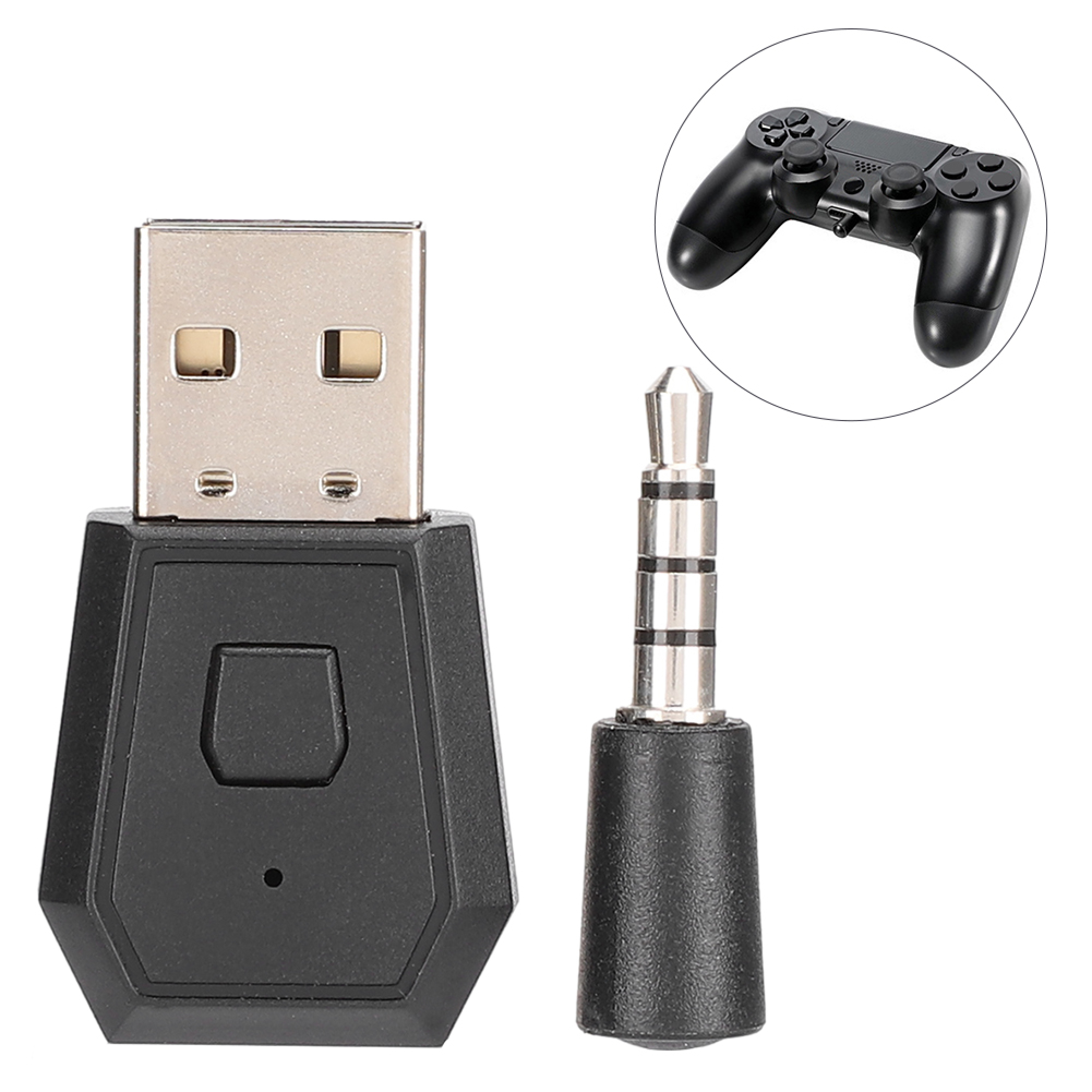 Ein schwarzer USB-Dongle mit Stecker und ein Audio-Klinkenstecker daneben; oben rechts ist ein Gamepad abgebildet.