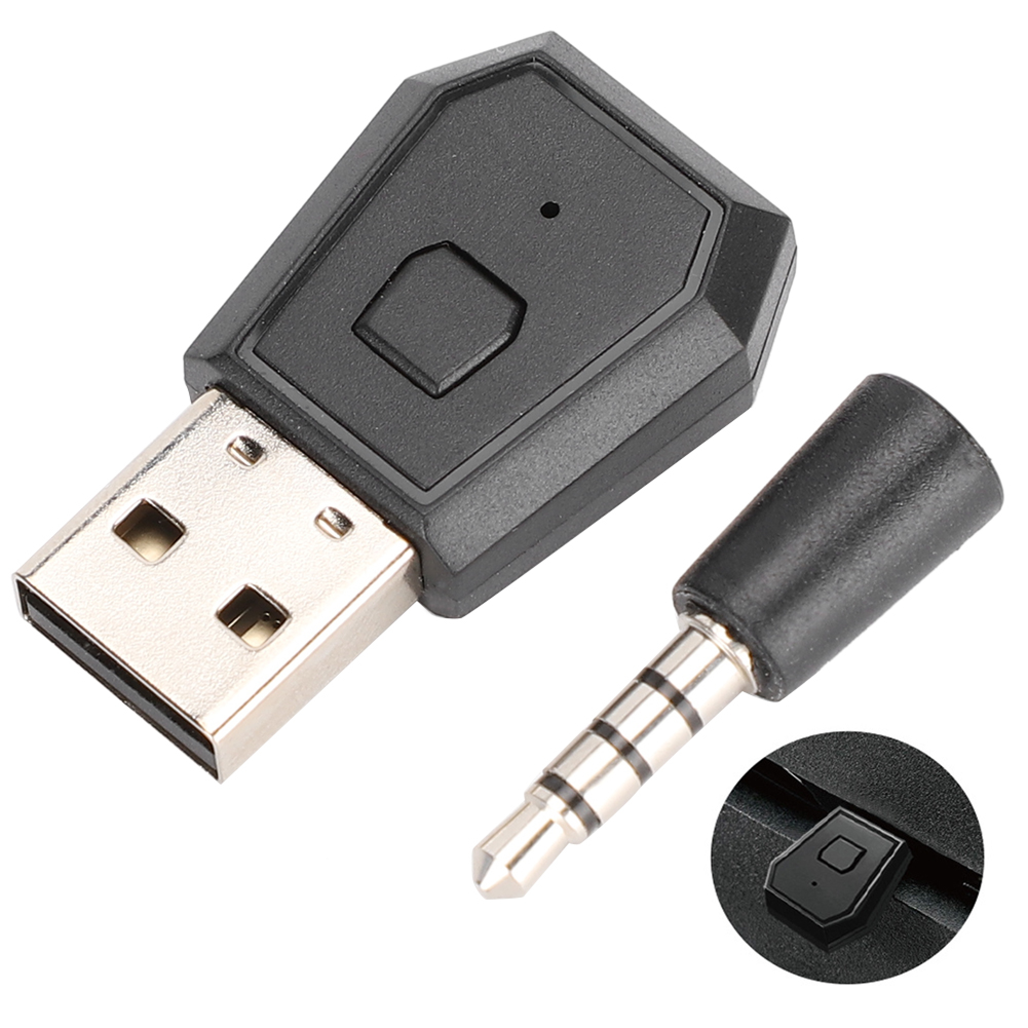 Ein schwarzer USB-Adapter mit silbernem Anschluss und separatem Klinkenadapter auf weißem Hintergrund.