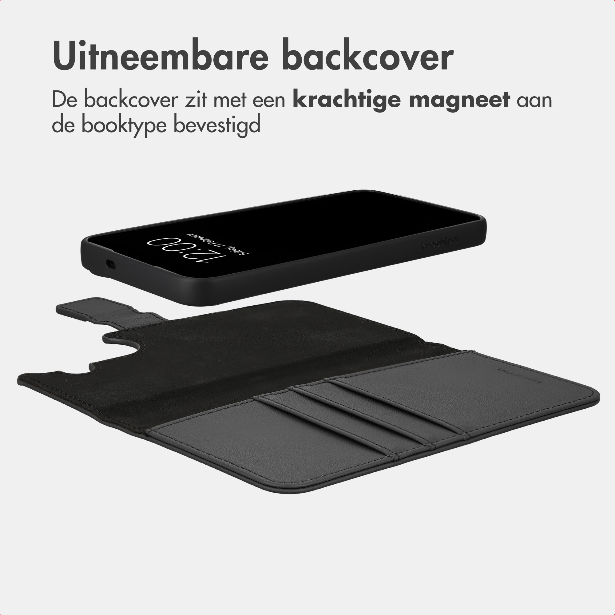 Eine schwarze Handytasche mit abnehmbarem Backcover vor hellgrauem Hintergrund, mit niederländischem Text.