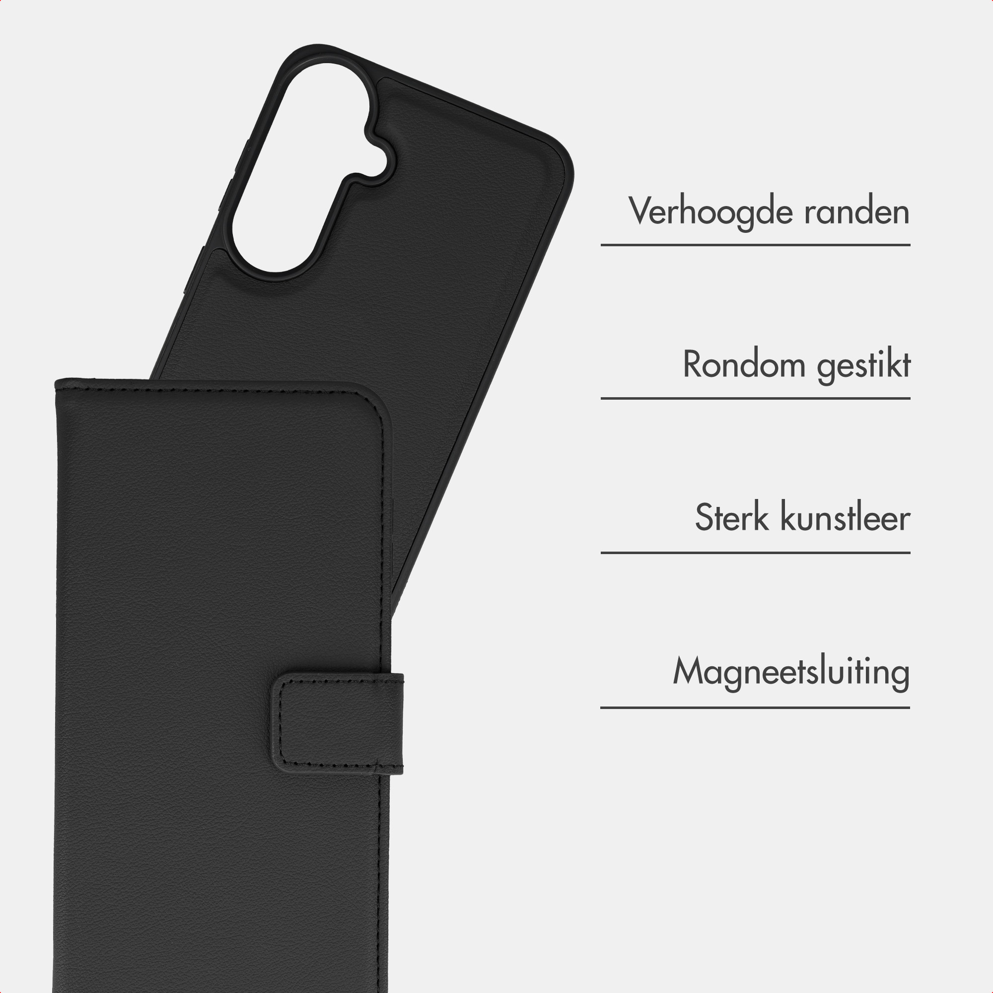 Eine schwarze Klapp-Handyhülle mit Merkmalen auf Niederländisch: erhöhte Ränder, genähter Rand, starkes Leder und Magnetverschluss.
