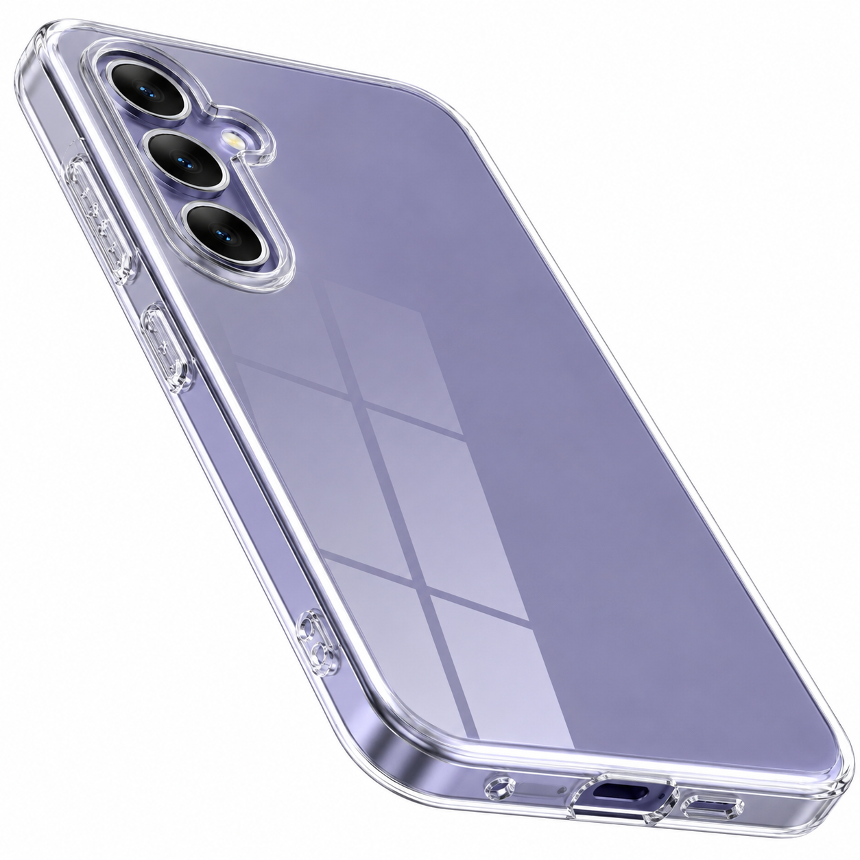 Ein lilafarbenes Smartphone in einer transparenten Schutzhülle zeigt die Rückkamera auf weißem Hintergrund.