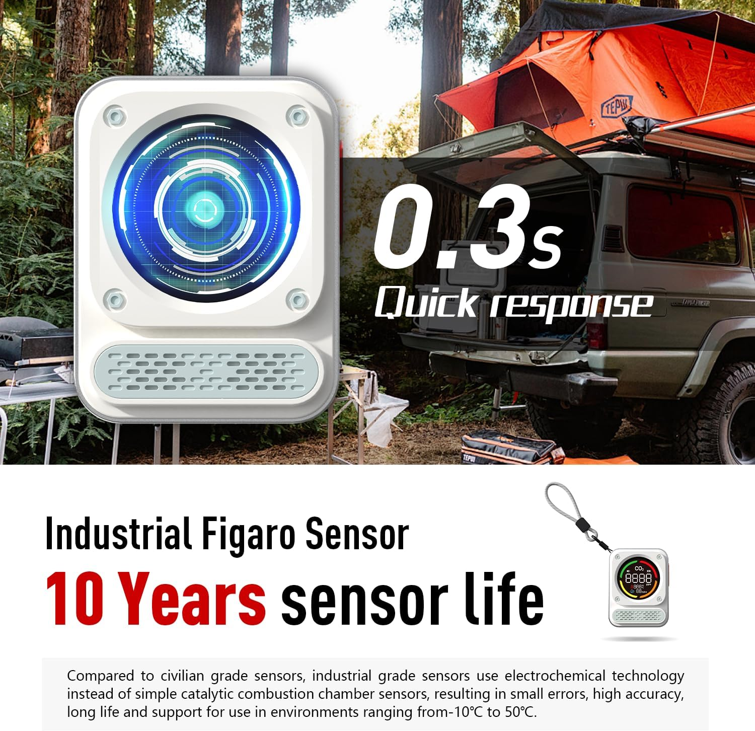 Sensor mit blauer Grafikanzeige und Text zu langer Lebensdauer vor einer Wald- und Autokulisse.