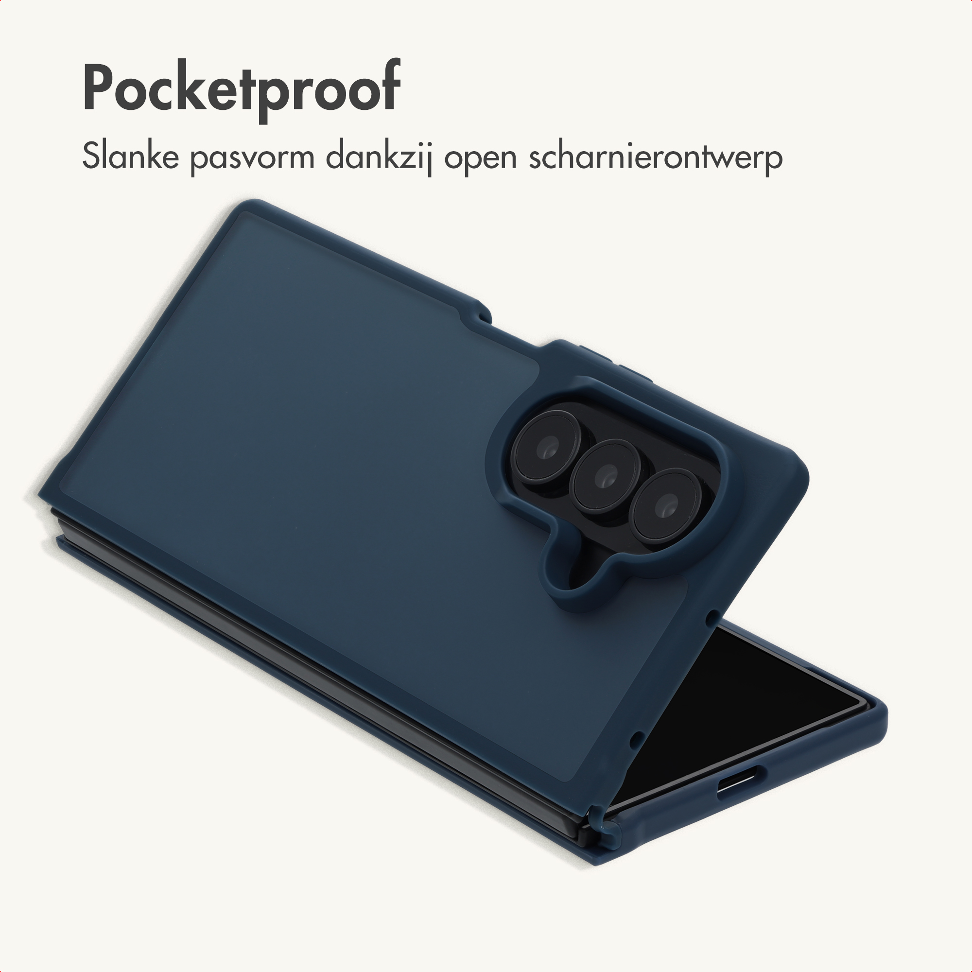 Dunkelblaue klappbare Smartphone-Hülle mit Kamera-Aussparung und Text auf hellgrauem Hintergrund.