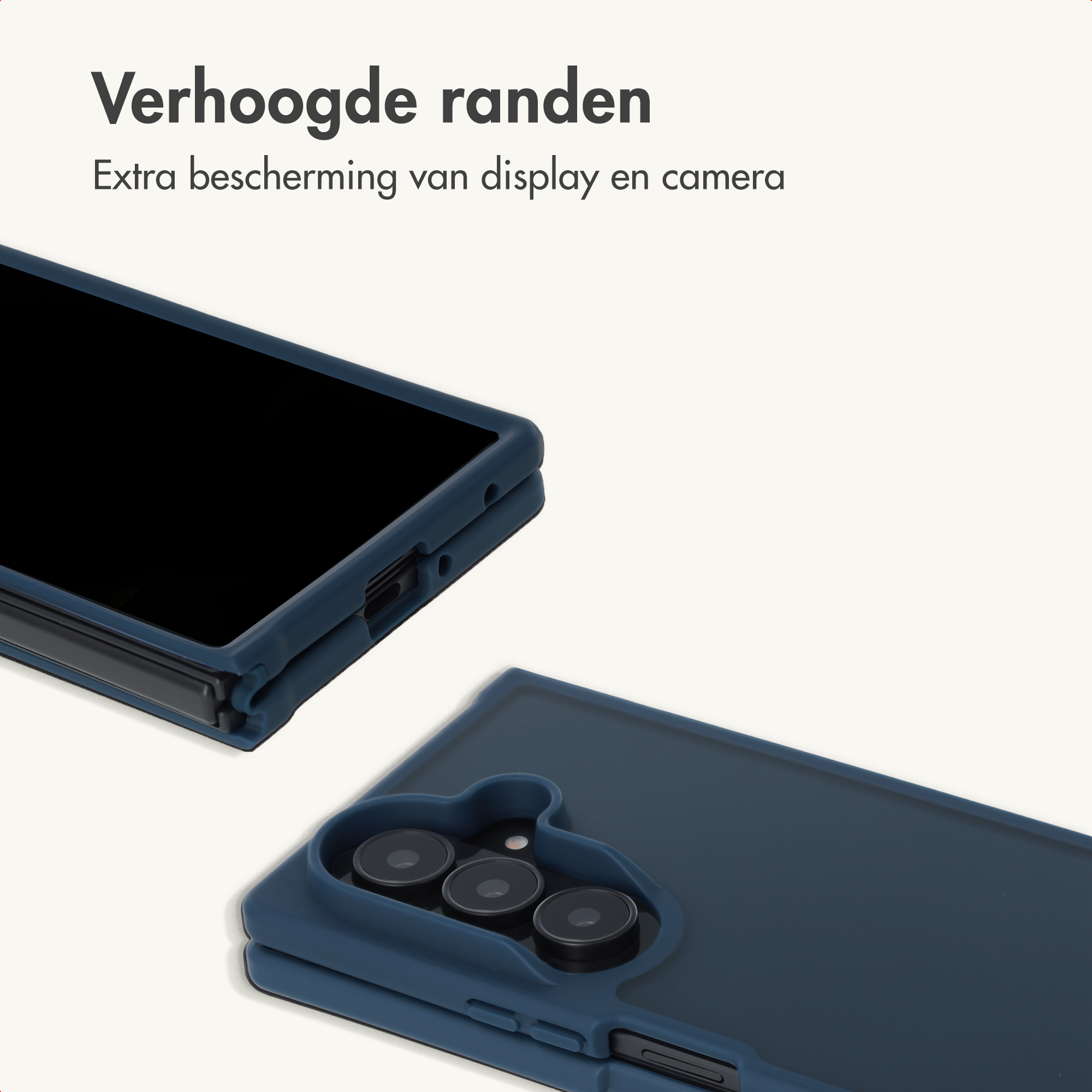 Ein faltbares Smartphone in einer dunkelblauen Hülle zeigt erhöhte Kanten zum Schutz von Bildschirm und Kamera.