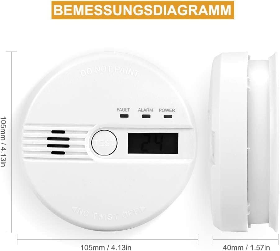 Technisches Diagramm mit Vorder- und Seitenmaßen eines weißen Rauchmelders, 105 mm breit und 40 mm tief.